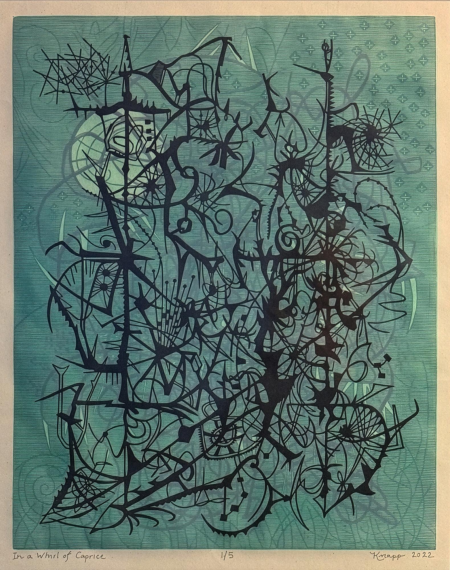 Peter Knapp’s “In a Whirl of Caprice”, an “Artist Choice” 1/5 edition pull, is a 18.25 x 14.5 color woodcut with a walnut finished frame in black, green, and purple on Okawara Japanese Paper. A Signature Member of the Copley Society, Knapp’s
