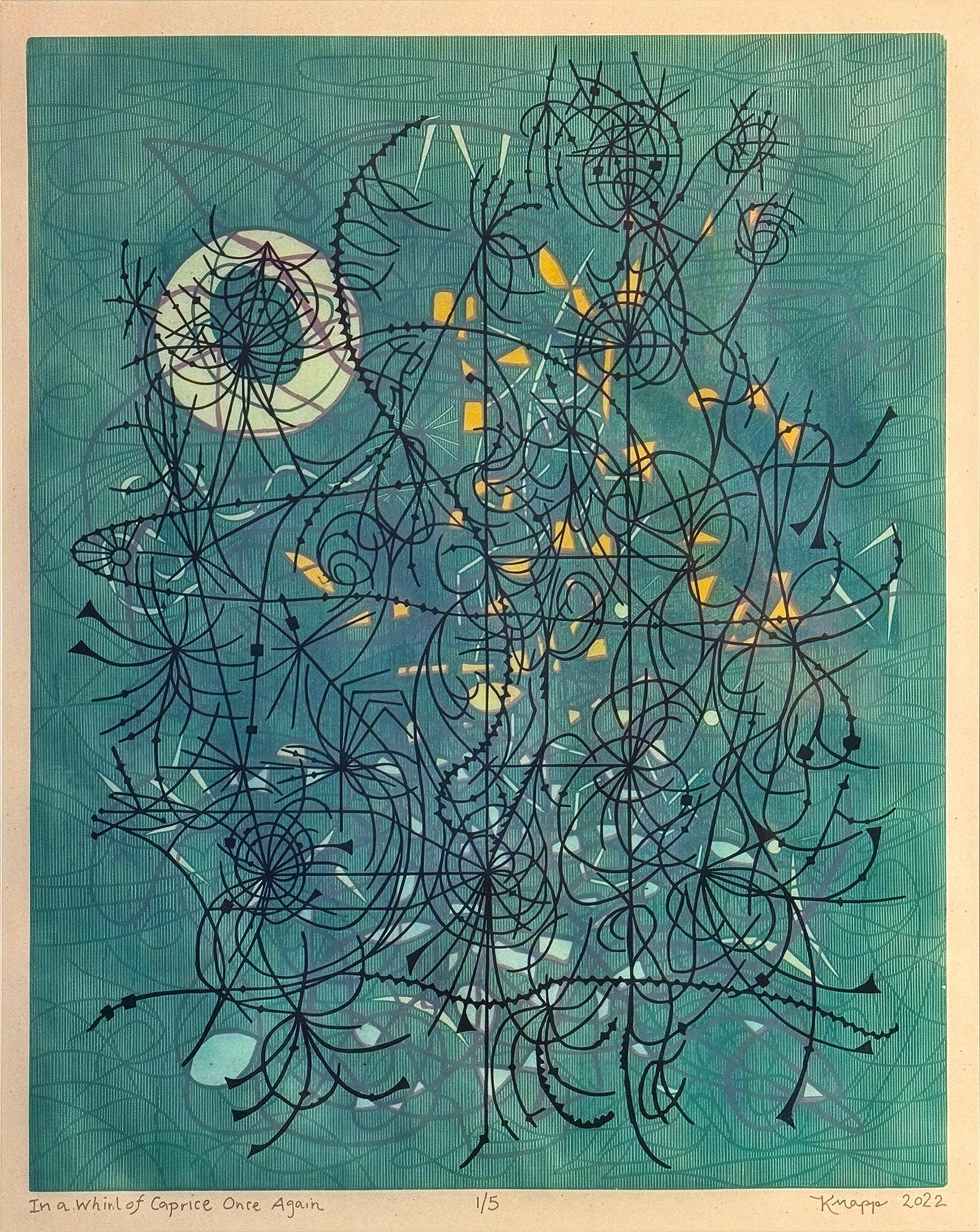 "In a Whirl of Caprice Once Again", Abstract, Black, Green, Color Woodcut Print