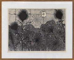 "Midnight Meadow", Abstract, Whimsical, Spiderweb, Black and White Woodcut Print