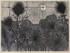 "Midnight Meadow", Abstract, Whimsical, Spiderweb, Black and White Woodcut Print