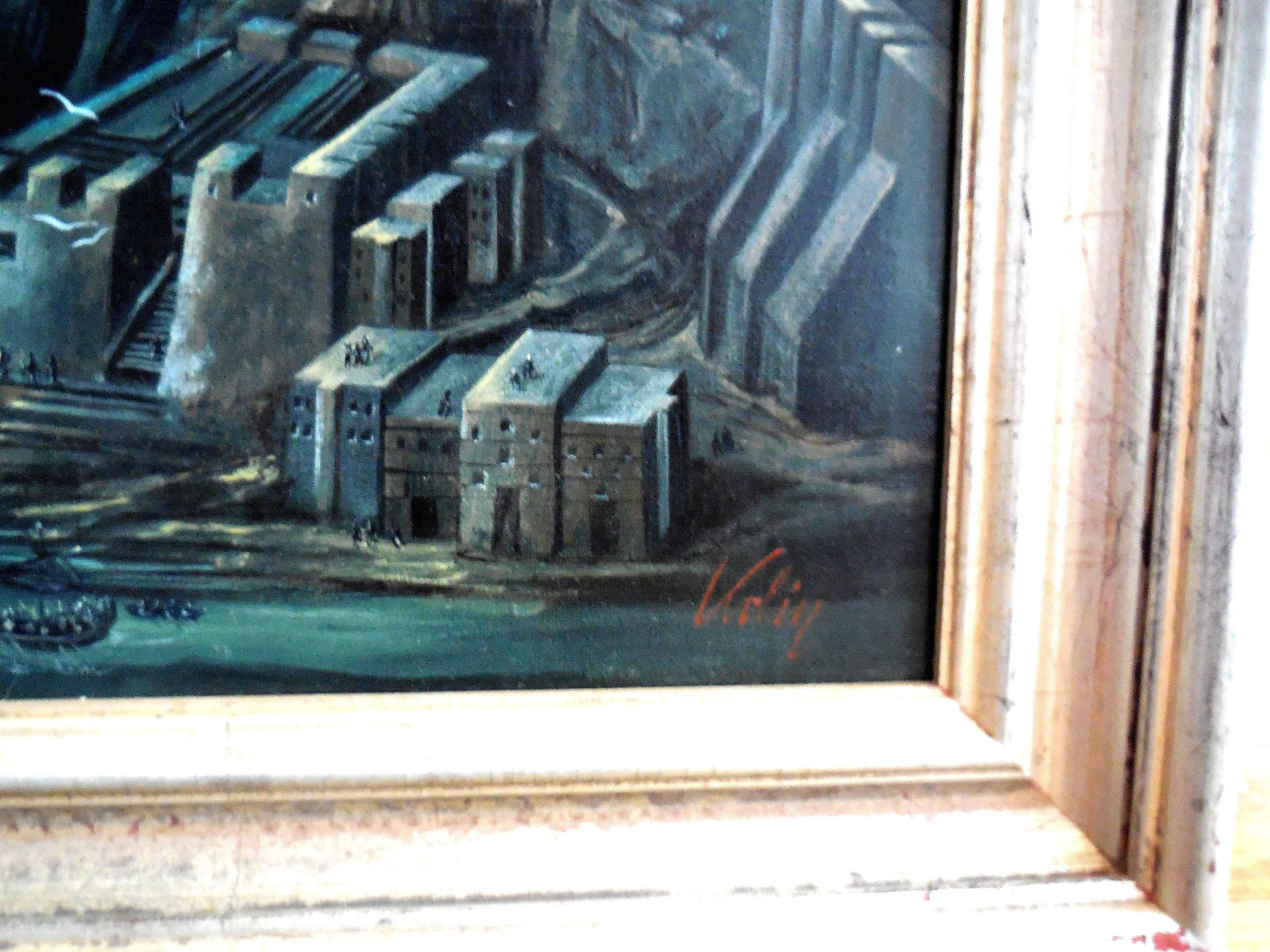 Atlantis, großes surrealistisches Ölgemälde. Wiener Phantastischer Realismus (Blau), Figurative Painting, von Peter Kolin