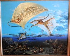 Atlantis, grande peinture à l'huile surréaliste. Fantastique réalisme viennois