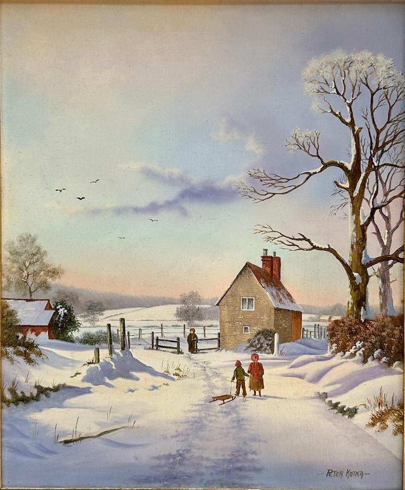 English Snow covered Winter Landscape with people by a house, rising Sun - Painting by Peter Kotka