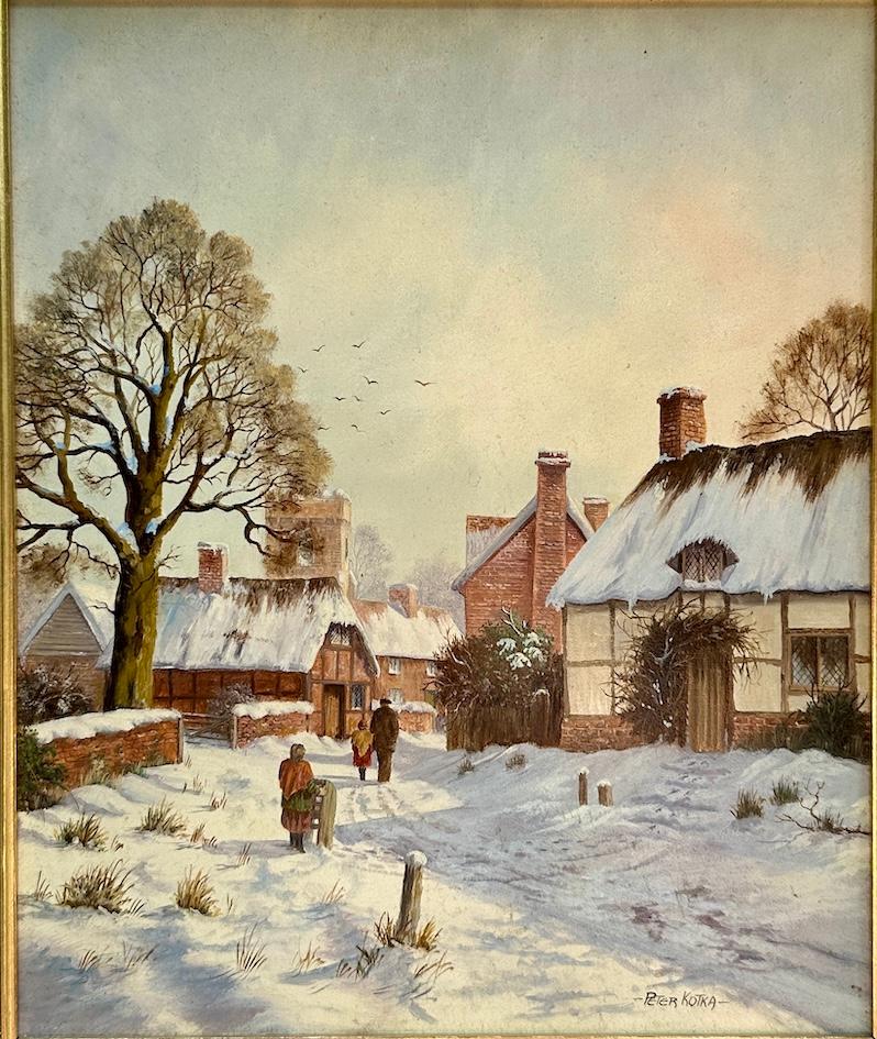 English Snow covered Winter Landscape with people by a house, rising Sun - Painting by Peter Kotka