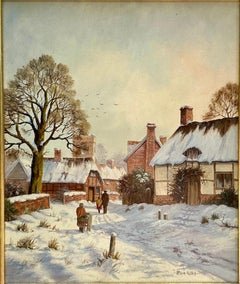 English Snow covered Winter Landscape with people by a house, rising Sun