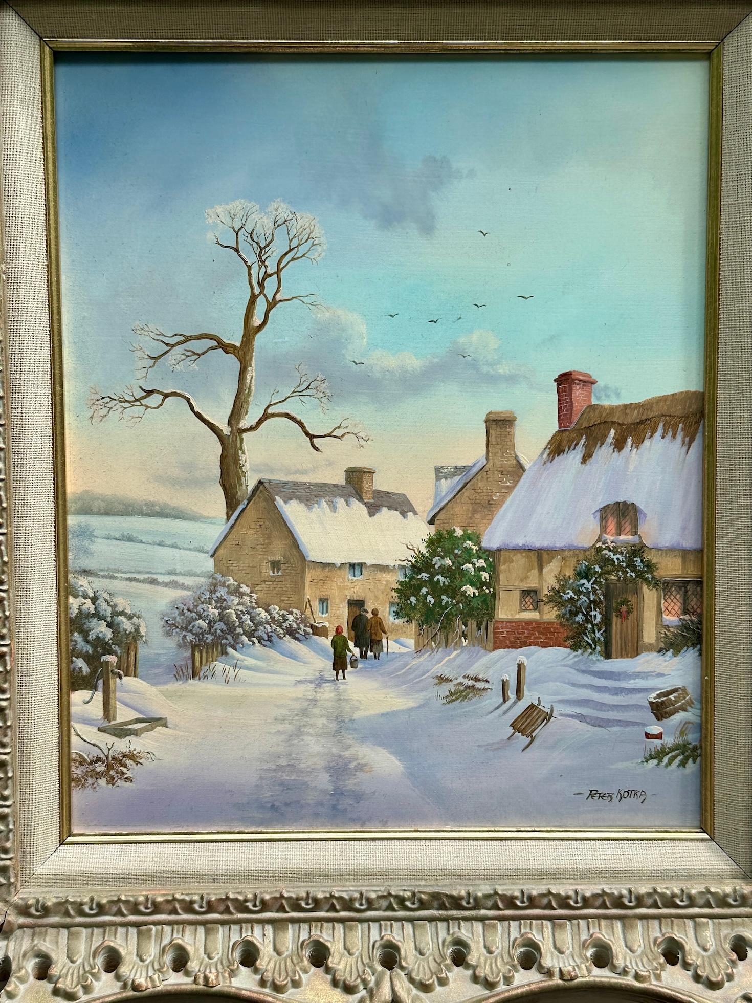 English Snow covered Winter Landscape with people by a house, rising Sun - Painting by Peter Kotka