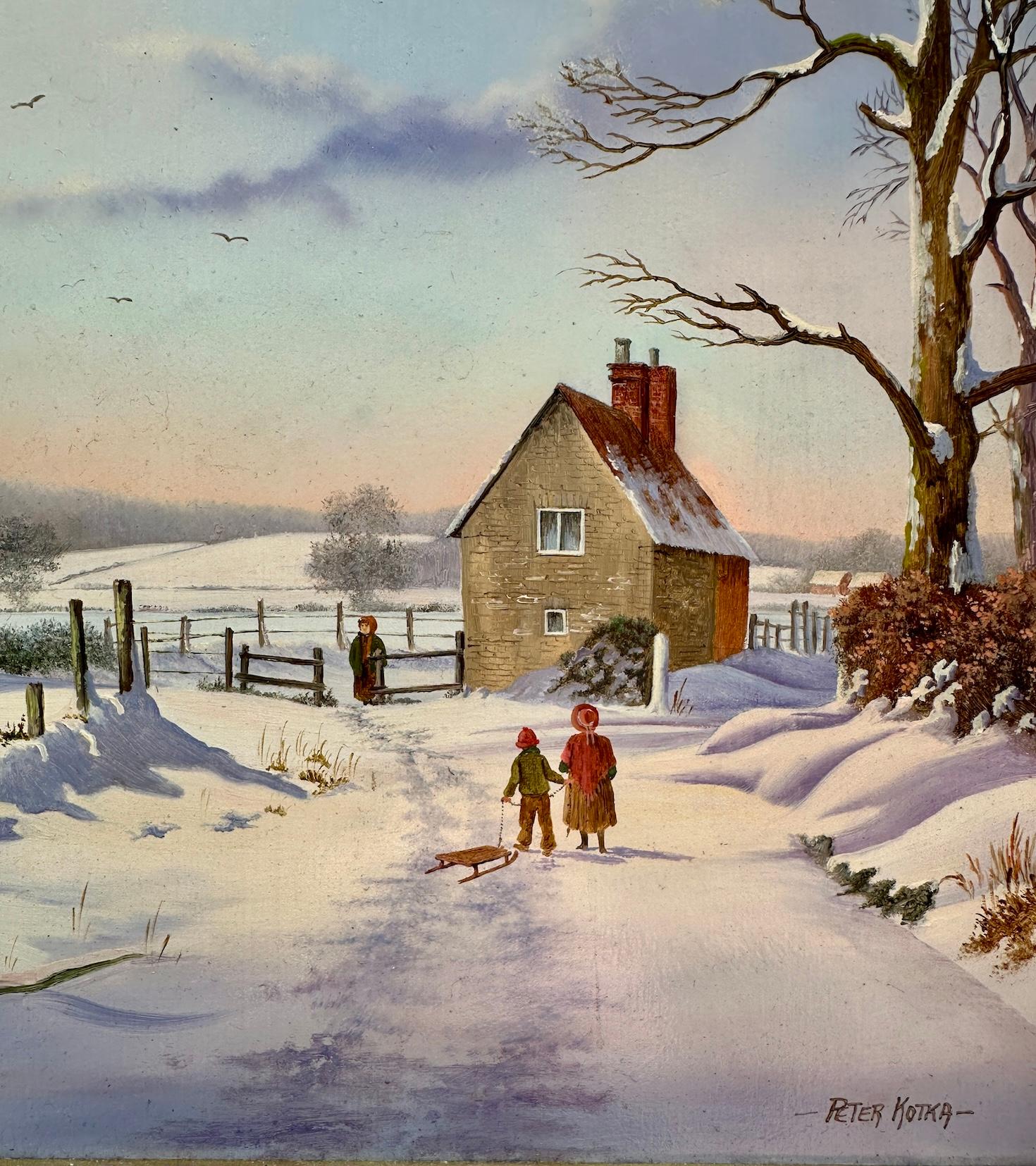 English Snow covered Winter Landscape with people by a house, rising Sun - Modern Painting by Peter Kotka