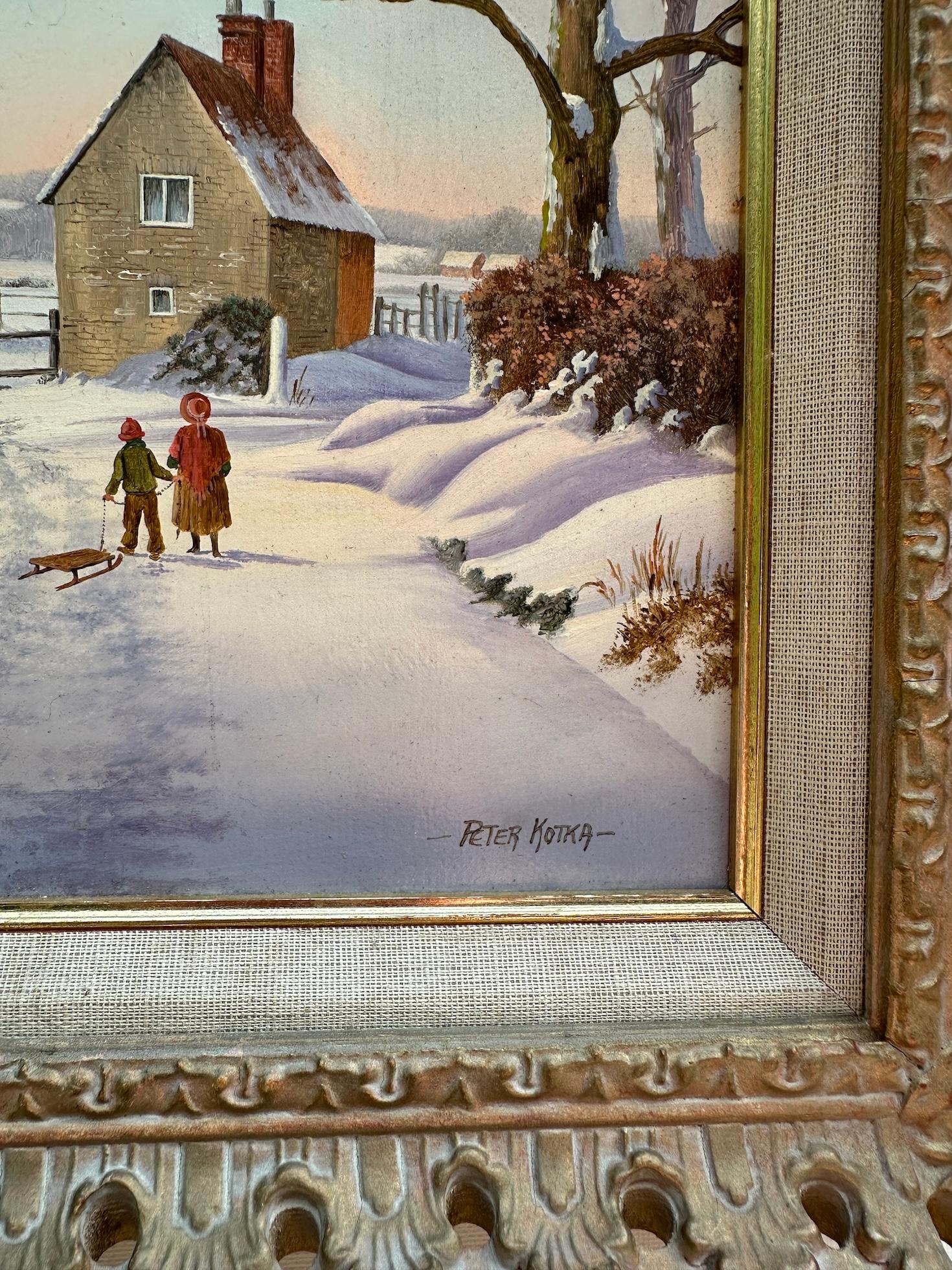 English Snow covered Winter Landscape with people by a house, rising Sun - Brown Figurative Painting by Peter Kotka