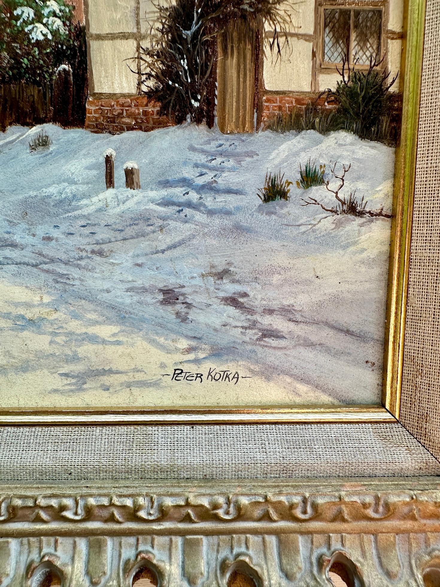 English Snow covered Winter Landscape with people by a house, rising Sun - Modern Painting by Peter Kotka