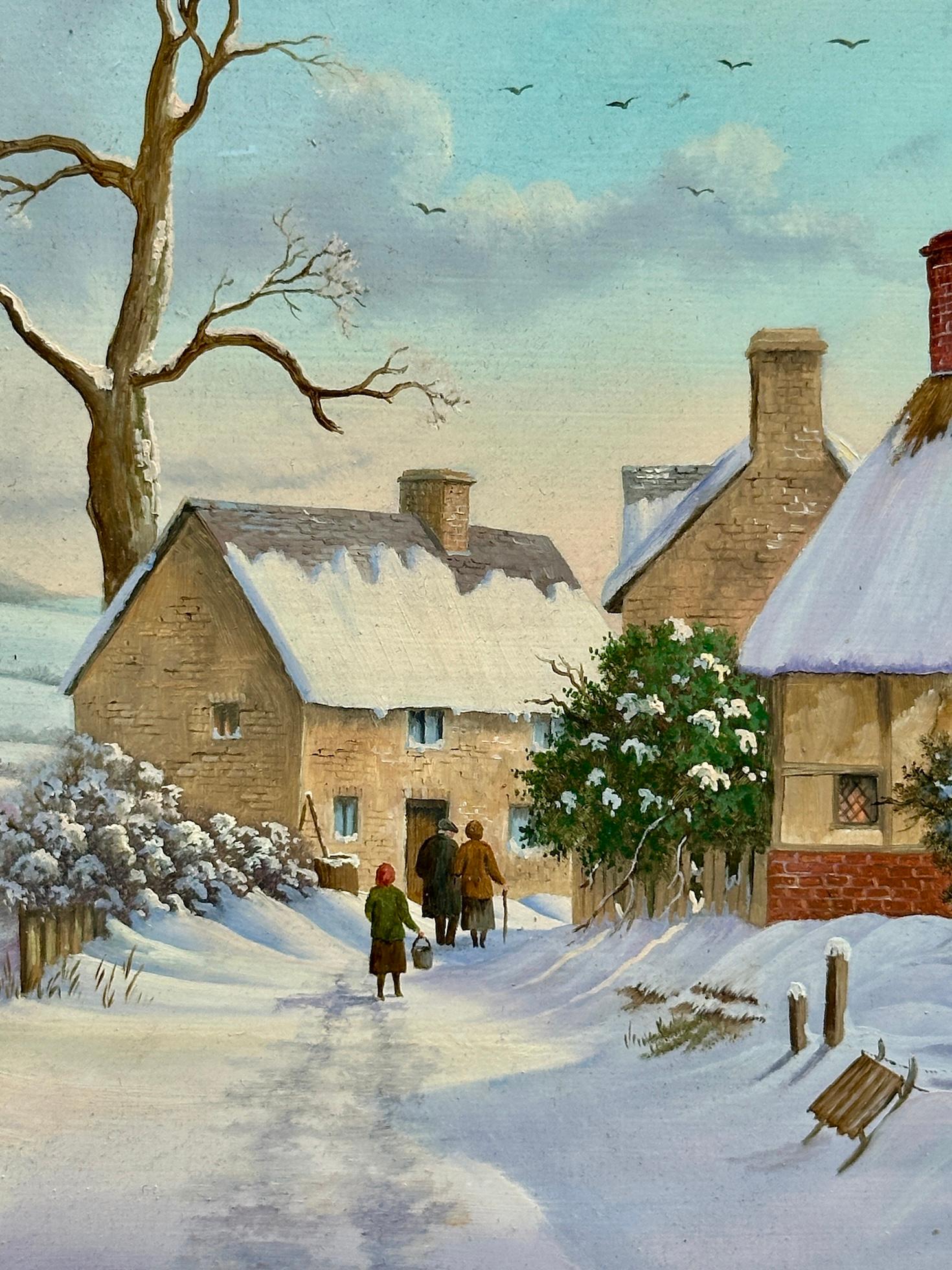 English Snow covered Winter Landscape with people by a house, rising Sun - Gray Landscape Painting by Peter Kotka