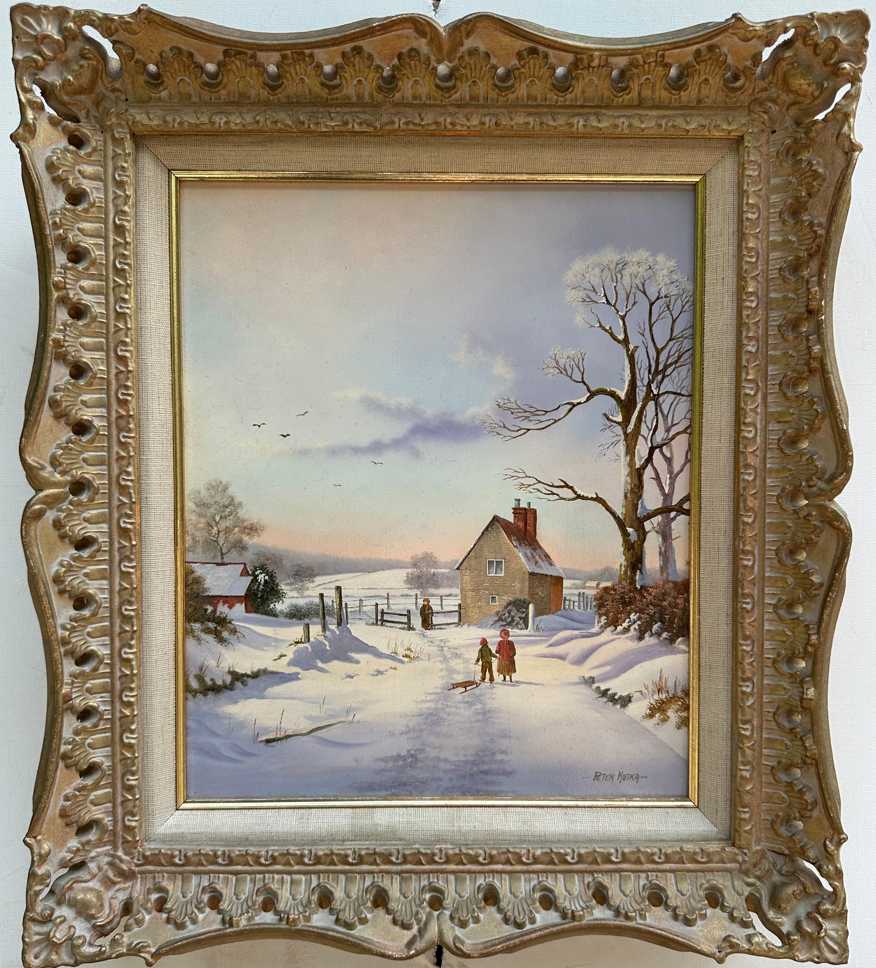Paisaje invernal cubierto de nieve inglesa con gente junto a una casa, Sol naciente