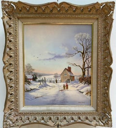Paisaje invernal cubierto de nieve inglesa con gente junto a una casa, Sol naciente