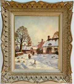 Paisaje invernal cubierto de nieve inglesa con gente junto a una casa, Sol naciente