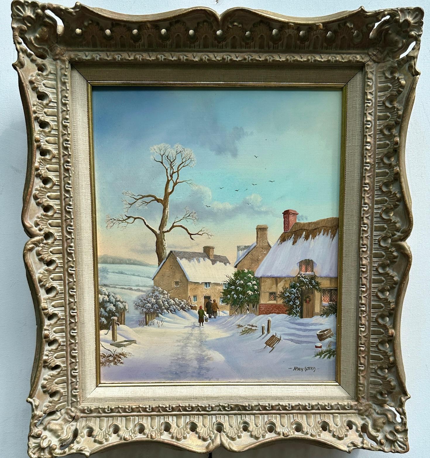 Paisaje invernal cubierto de nieve inglesa con gente junto a una casa, Sol naciente