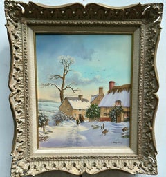 Paisaje invernal cubierto de nieve inglesa con gente junto a una casa, Sol naciente