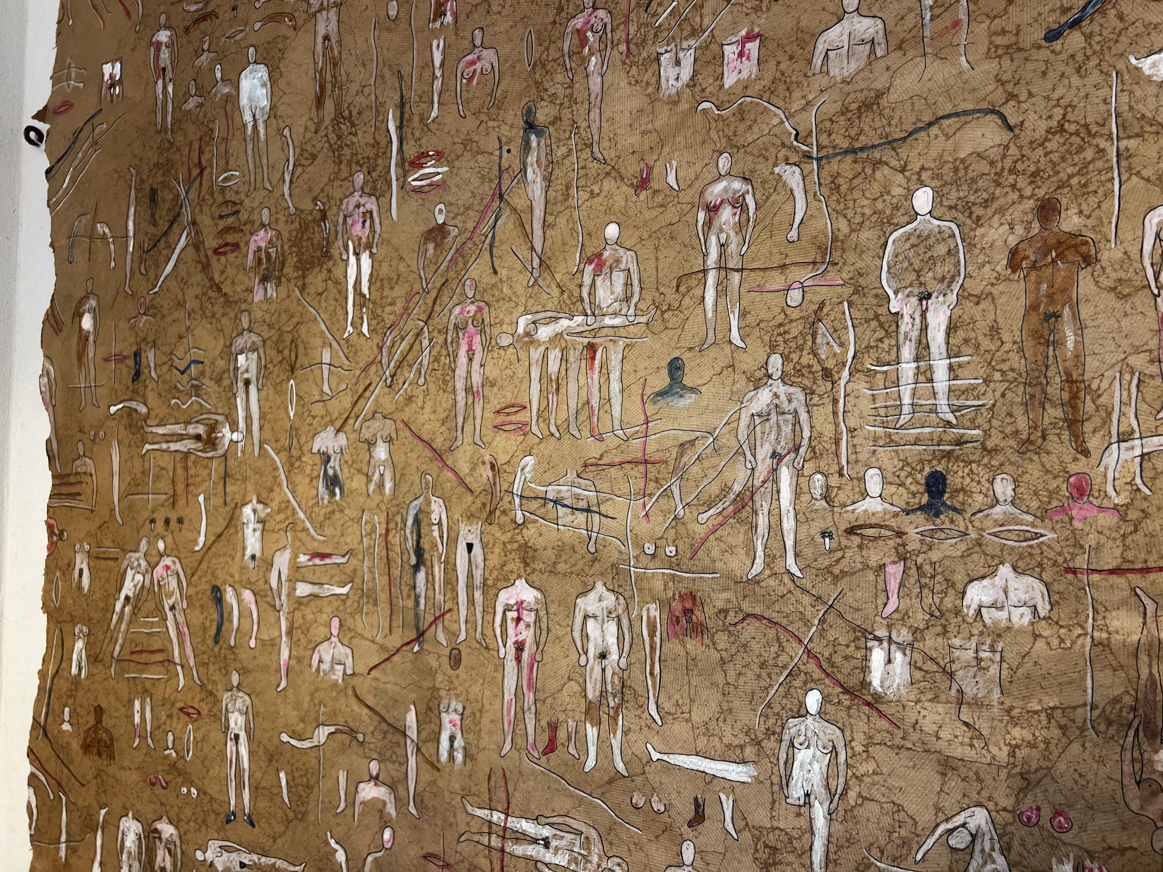 Anatomical bodies in Indian ink on paper, antique papyrus, human being - Painting by Peter Kramer