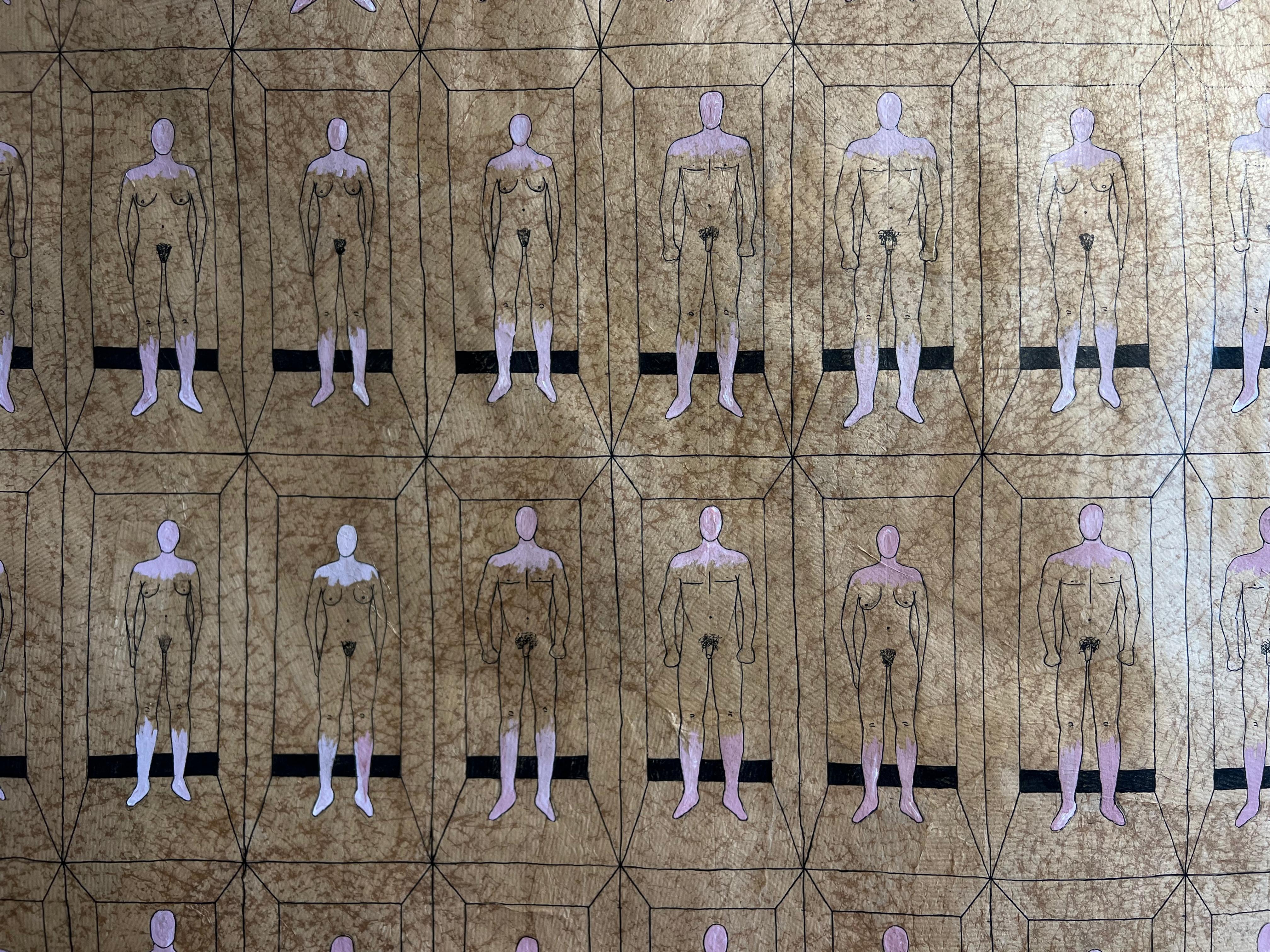 Obsessive, meticulous, almost monastic, Kramer immerses us in a universe of graphic and sculptural repetitions. His drawings on kraft paper glued with rabbit glue recall both ancient codices and tanned hides. In them, numbers, faces, and symbols are