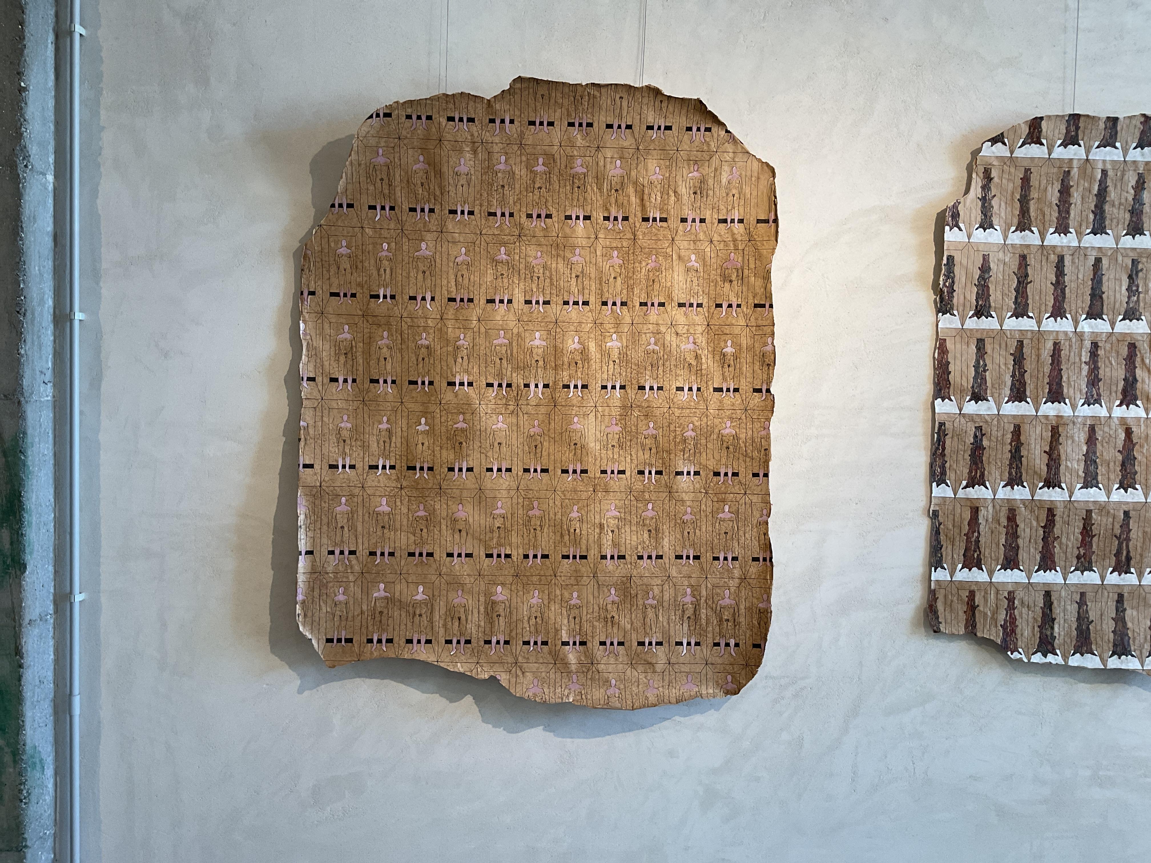 Cave paintings on paper, Indian ink, hand drawing, leather papyrus style For Sale 1