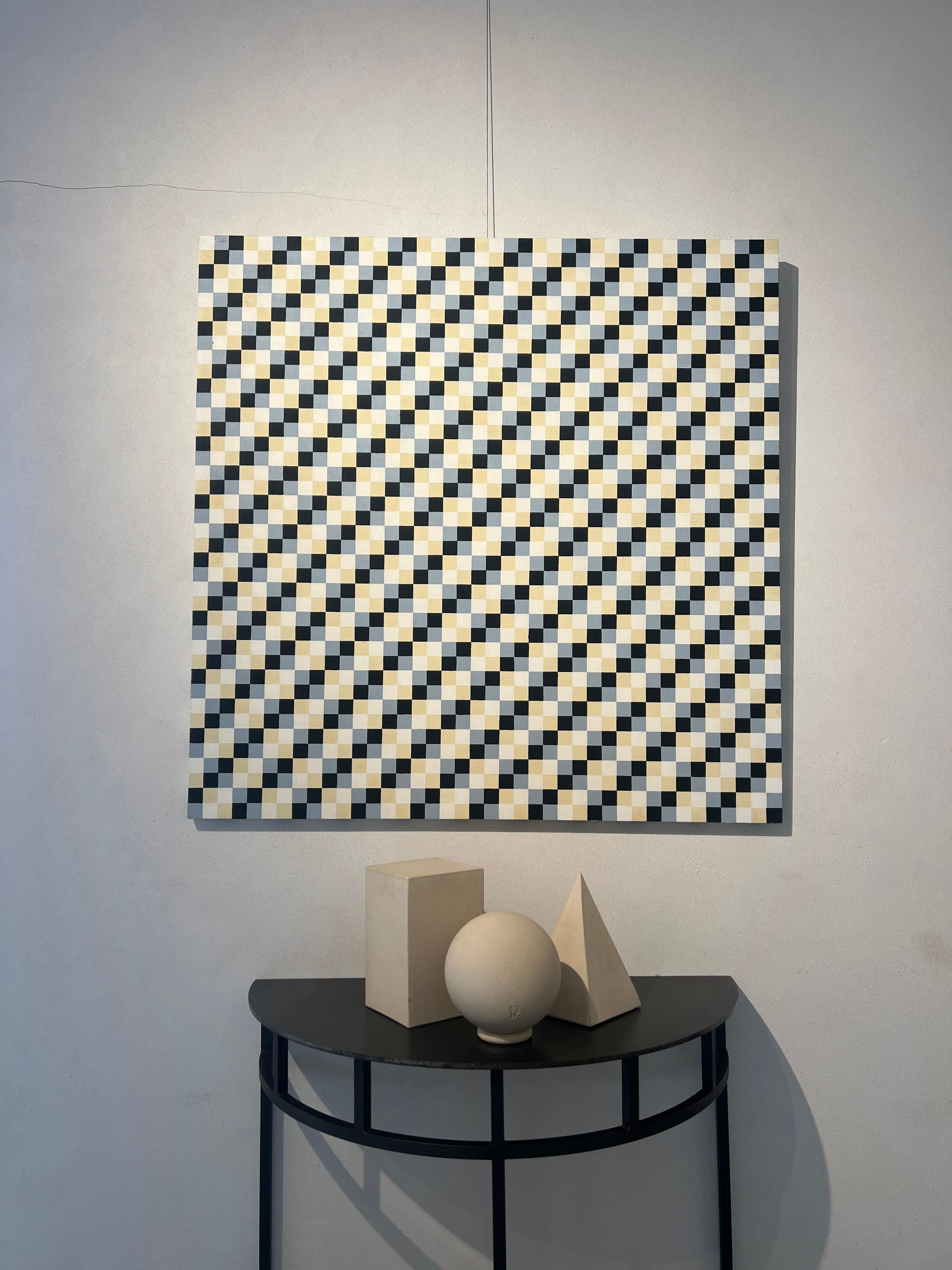Geometric trompe l'oeil, oil on canvas, 100 x 100, Optical illusion blue/yellow - Painting by Peter Kramer