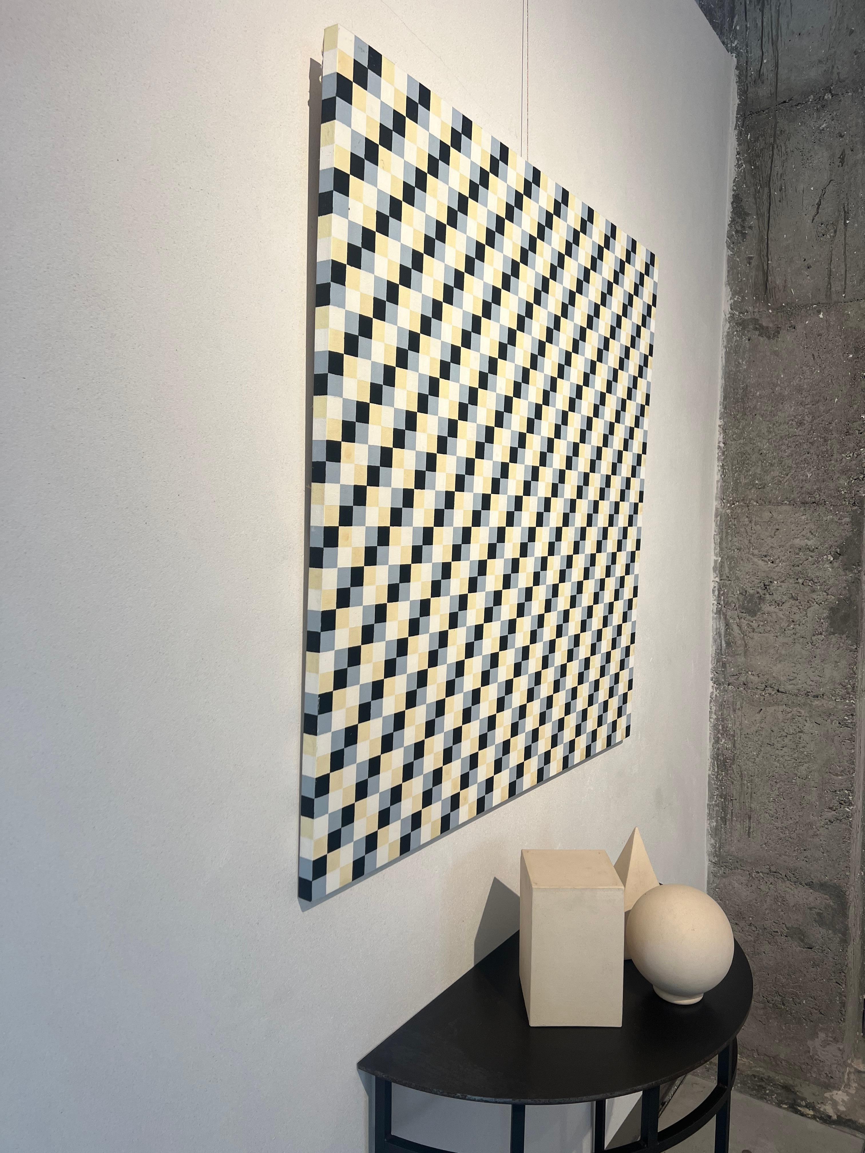 Geometric trompe l'oeil, oil on canvas, 100 x 100, Optical illusion blue/yellow - Abstract Geometric Painting by Peter Kramer