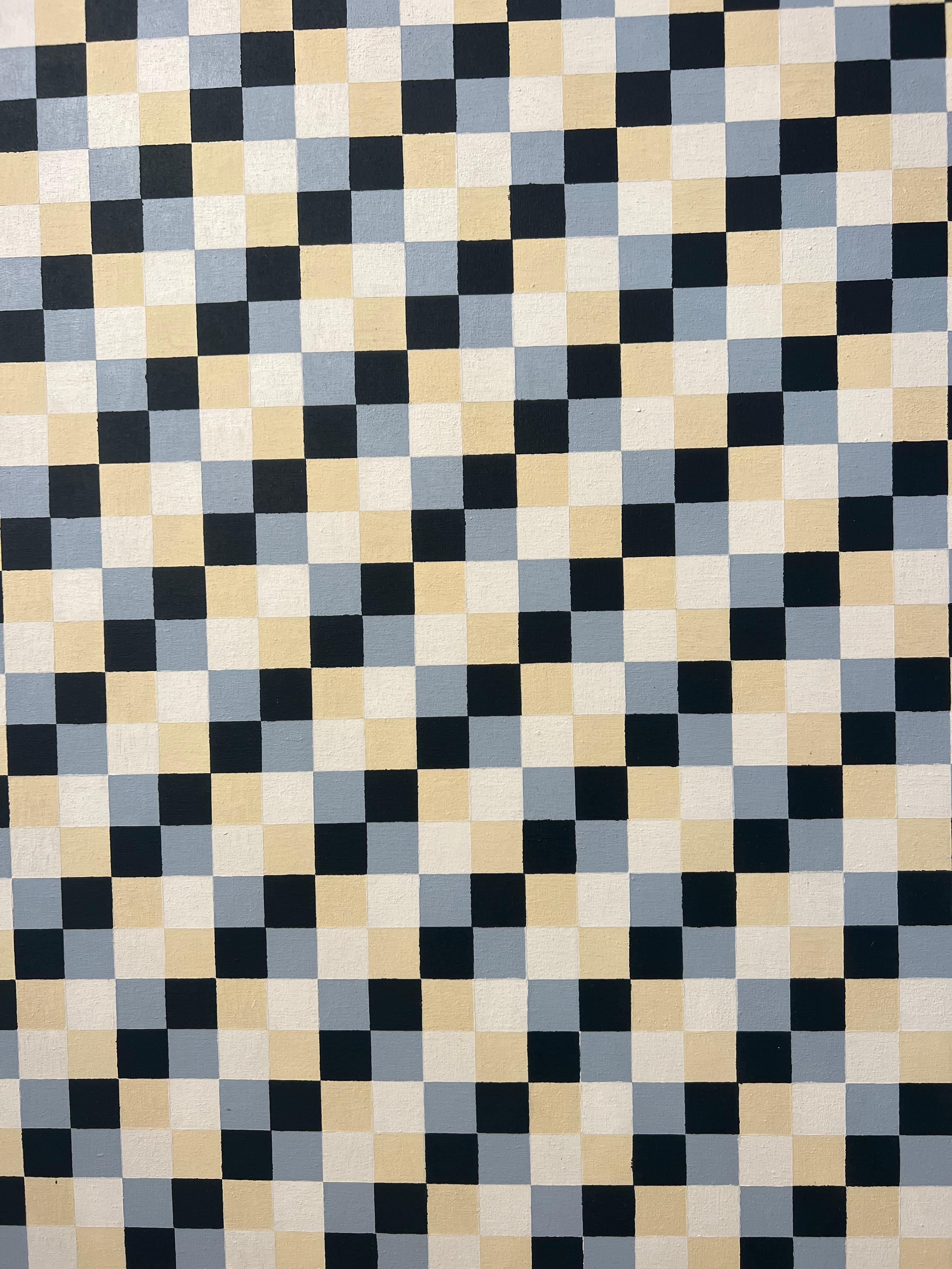 Geometric trompe l'oeil, oil on canvas, 100 x 100, Optical illusion blue/yellow - Beige Abstract Painting by Peter Kramer
