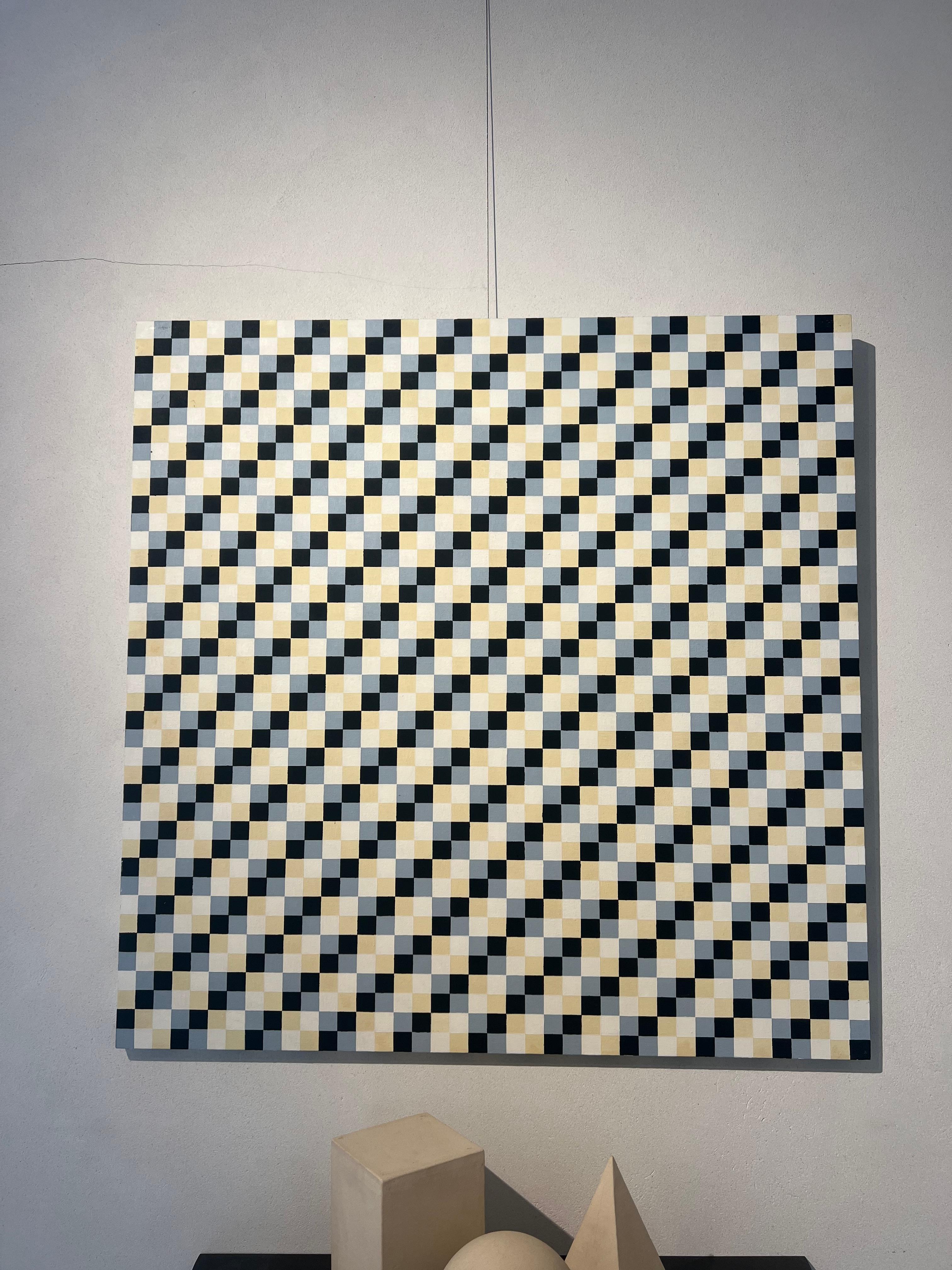 Geometric trompe l'oeil, oil on canvas, measurements 100 x 100 x 3 cm. By Danish artist Peter Kramer, who creates an optical illusion on the canvas through his meticulous brush strokes with oil paint. The painting is an organized and disturbing