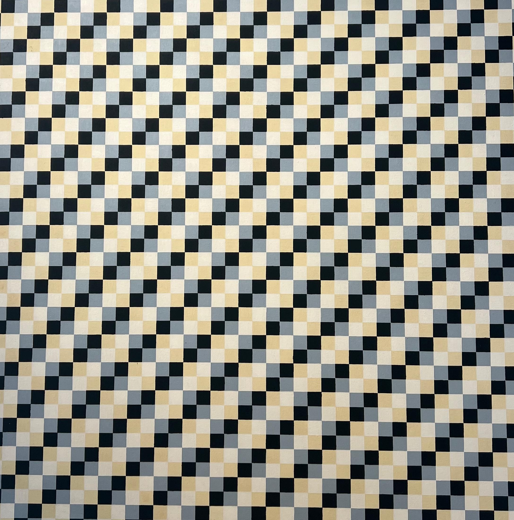 Trompe l'oeil geometrico, olio su tela, 100 x 100, Illusione ottica blu/giallo