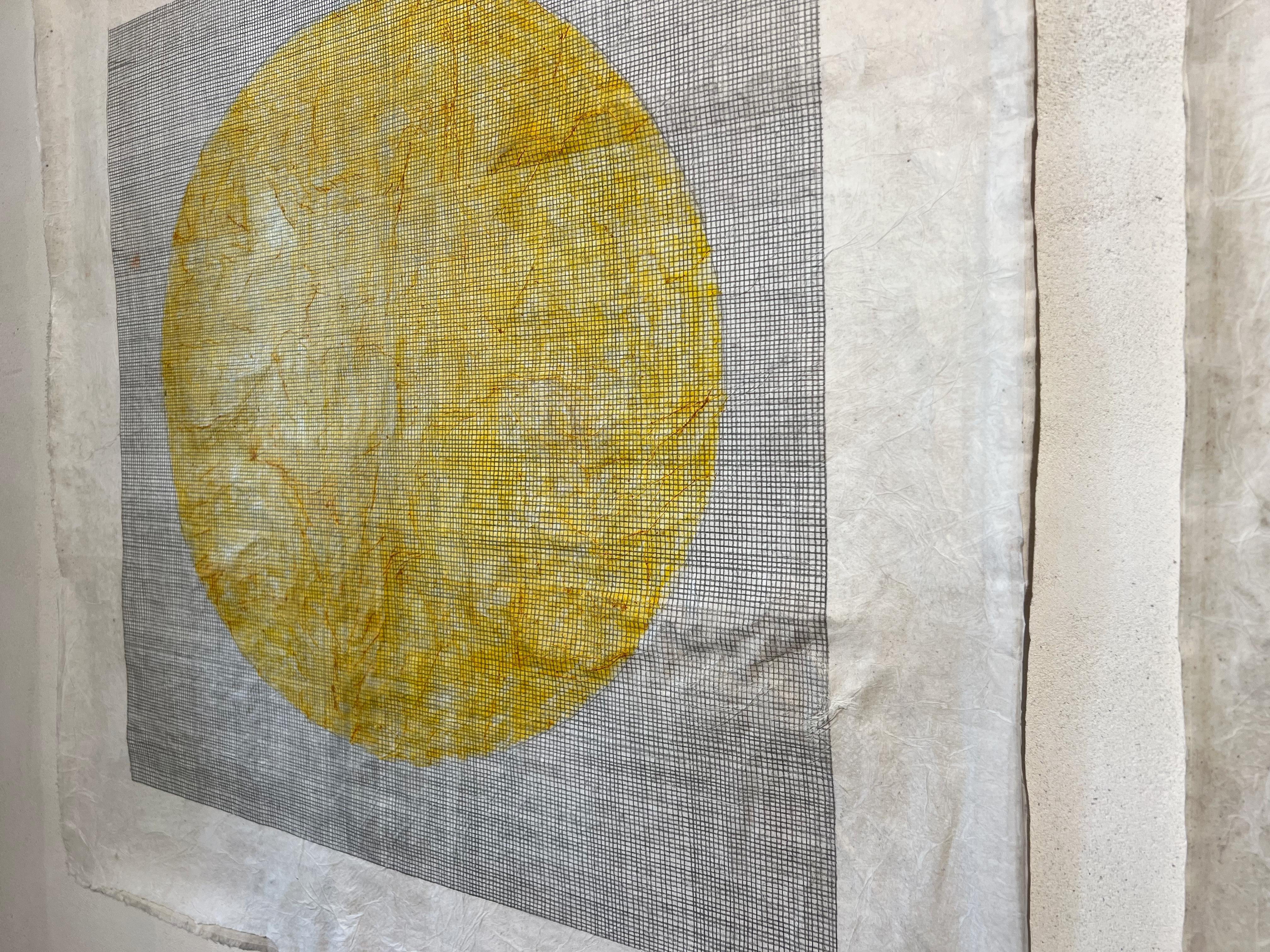 Pittura di grafite, carta velina, curcuma e cotone, giallo naturale - Abstract Painting Beige di Peter Kramer