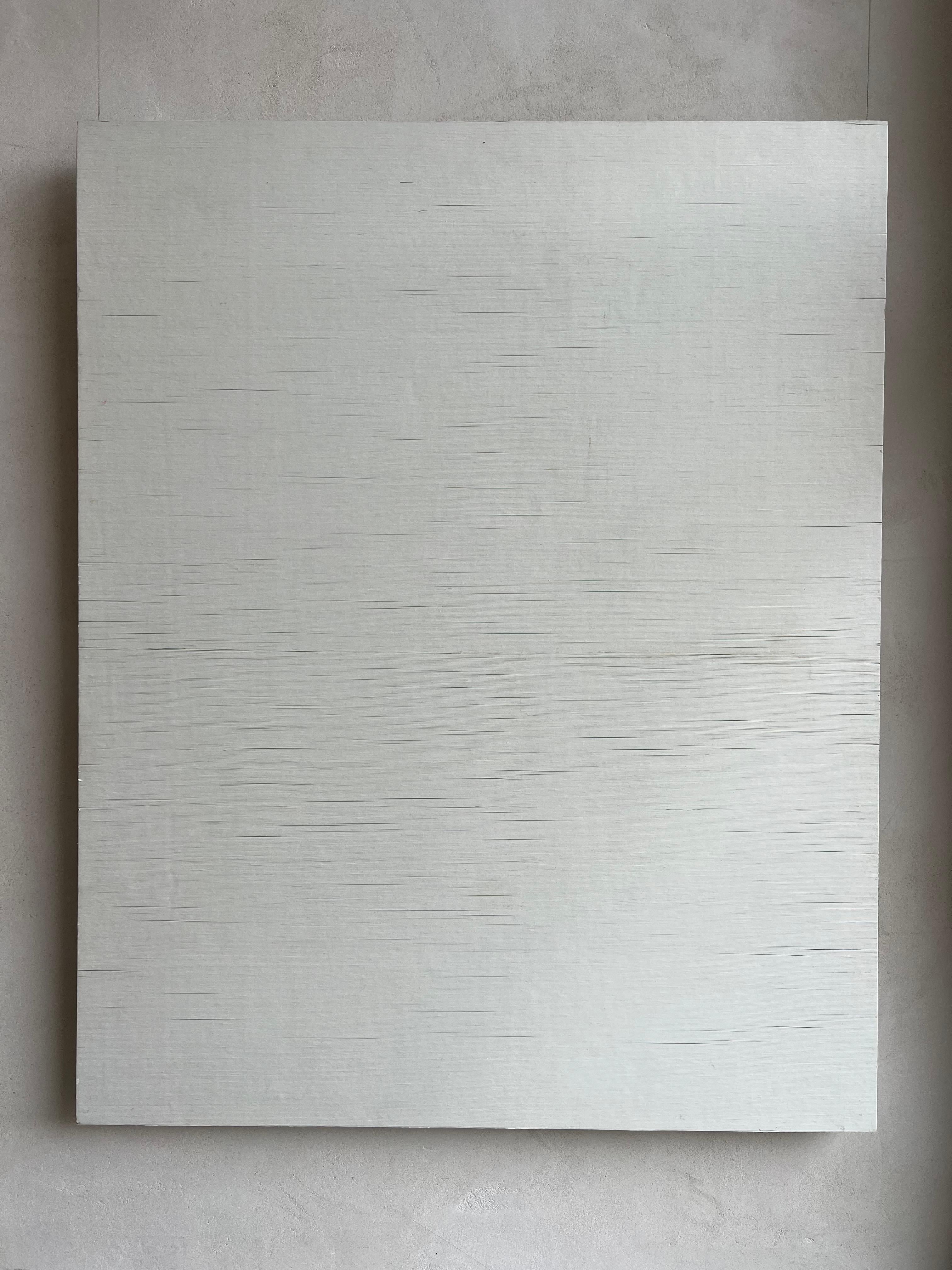 Large painting made of hundreds of tiny strips of paper, minimalism, white  - Painting by Peter Kramer