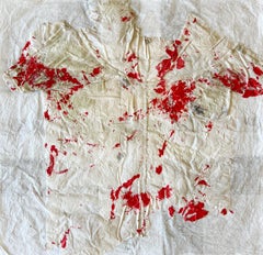 Painting made with a painter's cotton t-shirt and tissue paper, red and white
