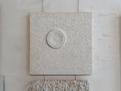 Square on a circle, raw and beige cotton knots, handcrafted intaglio, textile