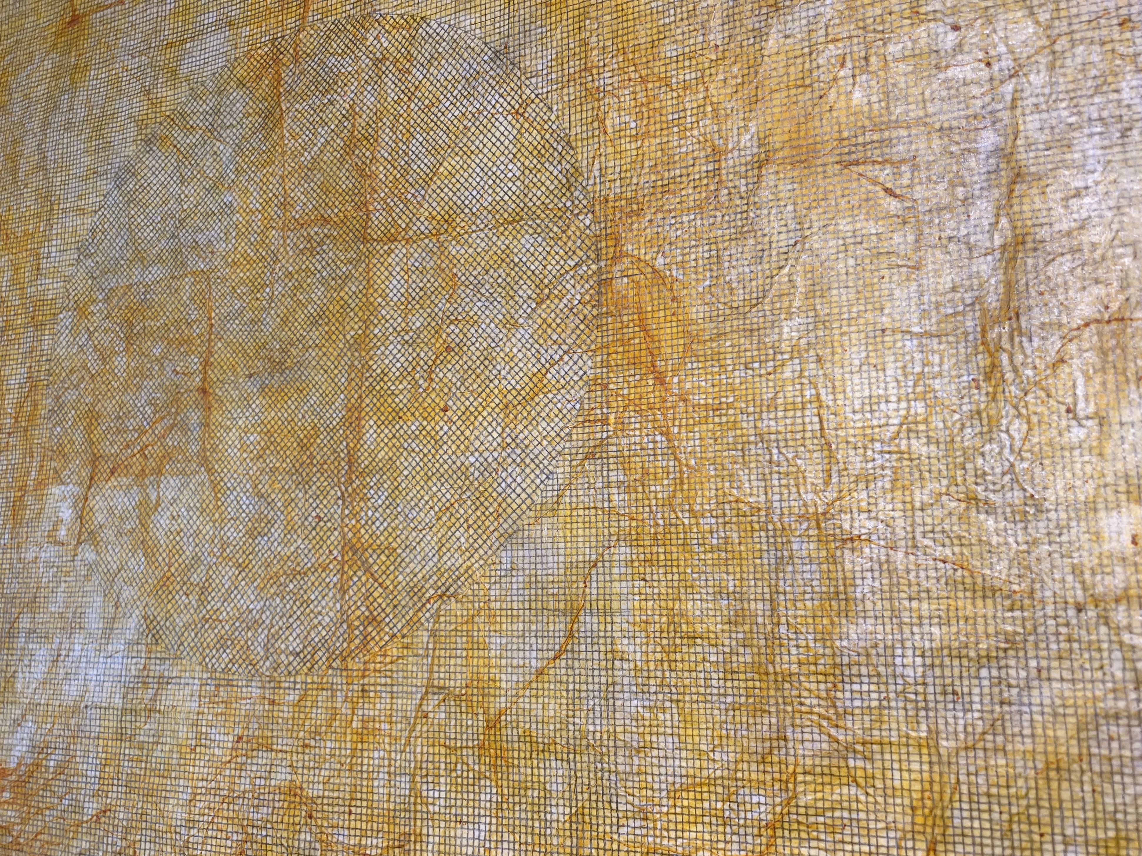 Pintura amarilla natural sobre lienzo, cúrcuma y grafito, geometría infinita en venta 1