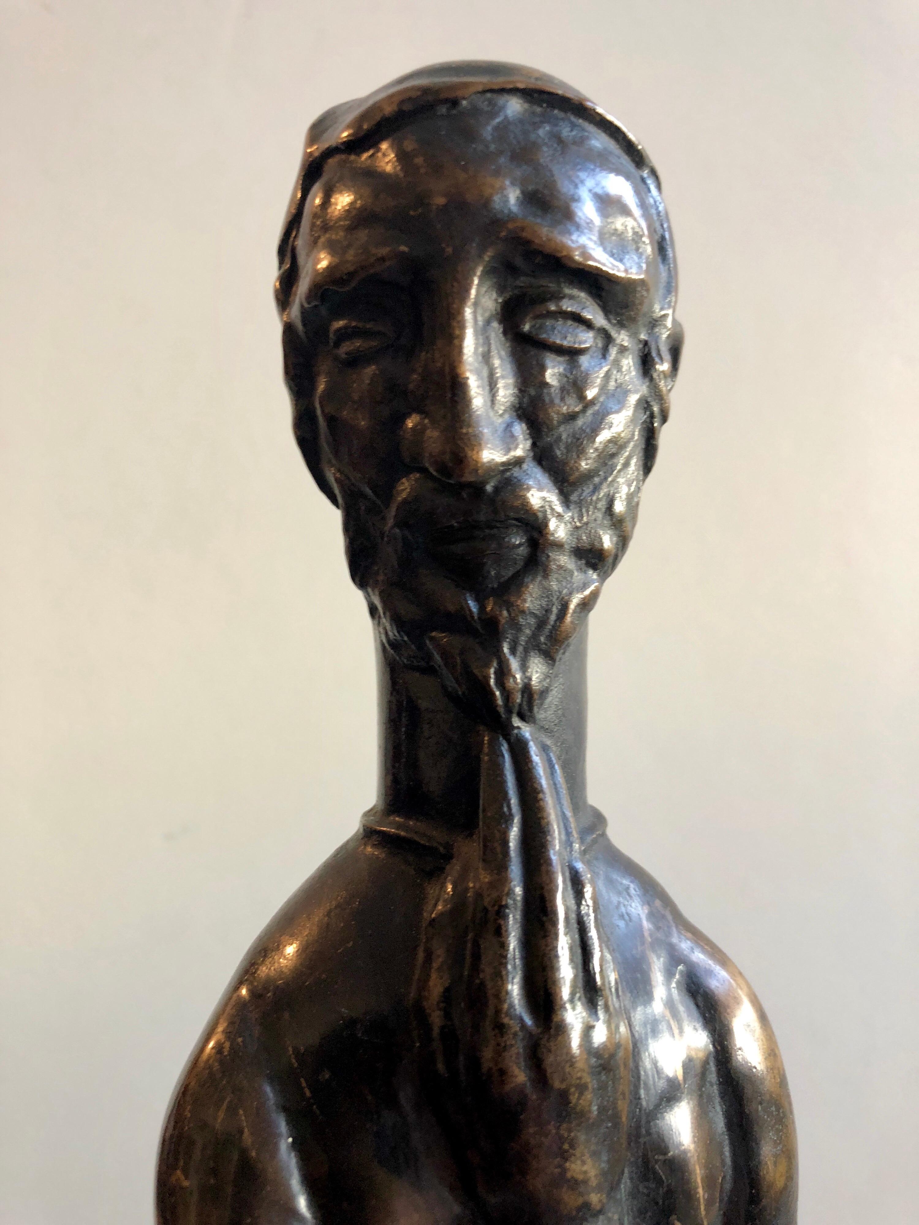 Art Deco Expressionistische Judaica Rabbi Skulptur aus Bronze, Los Angeles Modernistische Skulptur – Sculpture von Peter Krasnow