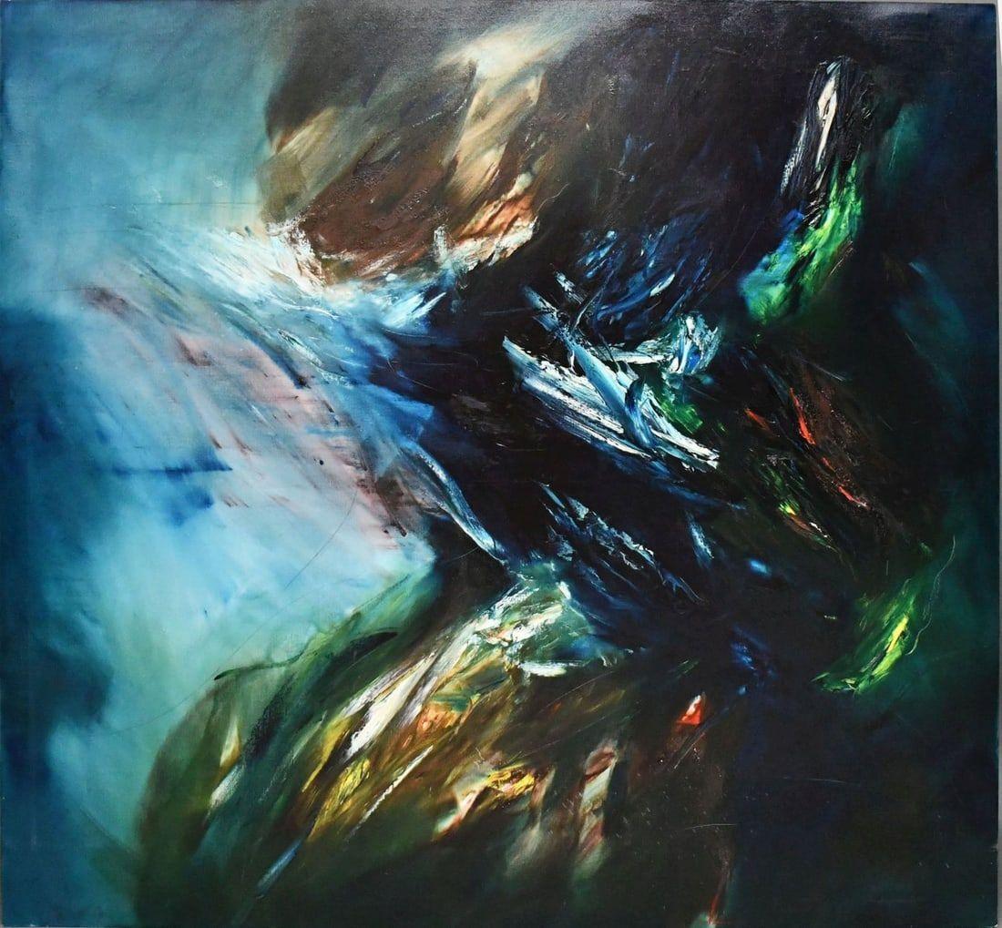 Peter Kuckei Abstract Painting – Abstrakte Komposition in Blau, großes Gemälde