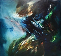 Used  Abstract Composition In Blue Large Oil Painting