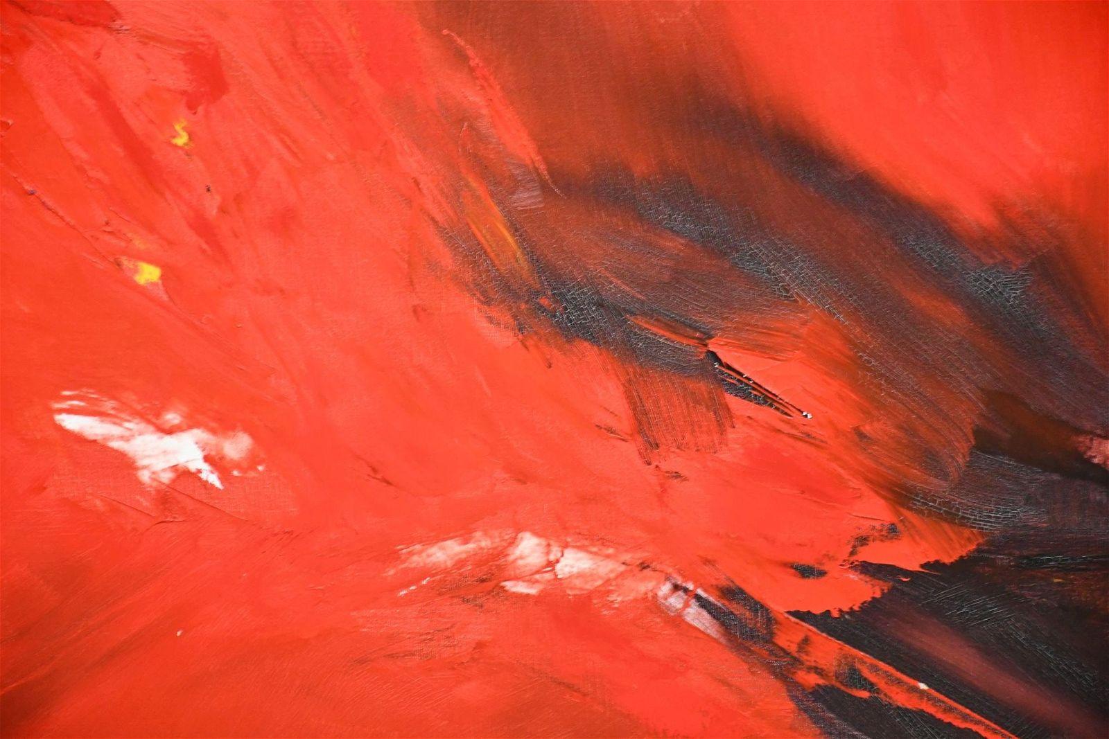  Abstrakte Komposition in Rot, großes Ölgemälde – Painting von Peter Kuckei