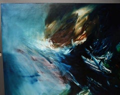 Blue Abstract Composition Large Oil Painting on Canvas Signed 1990
