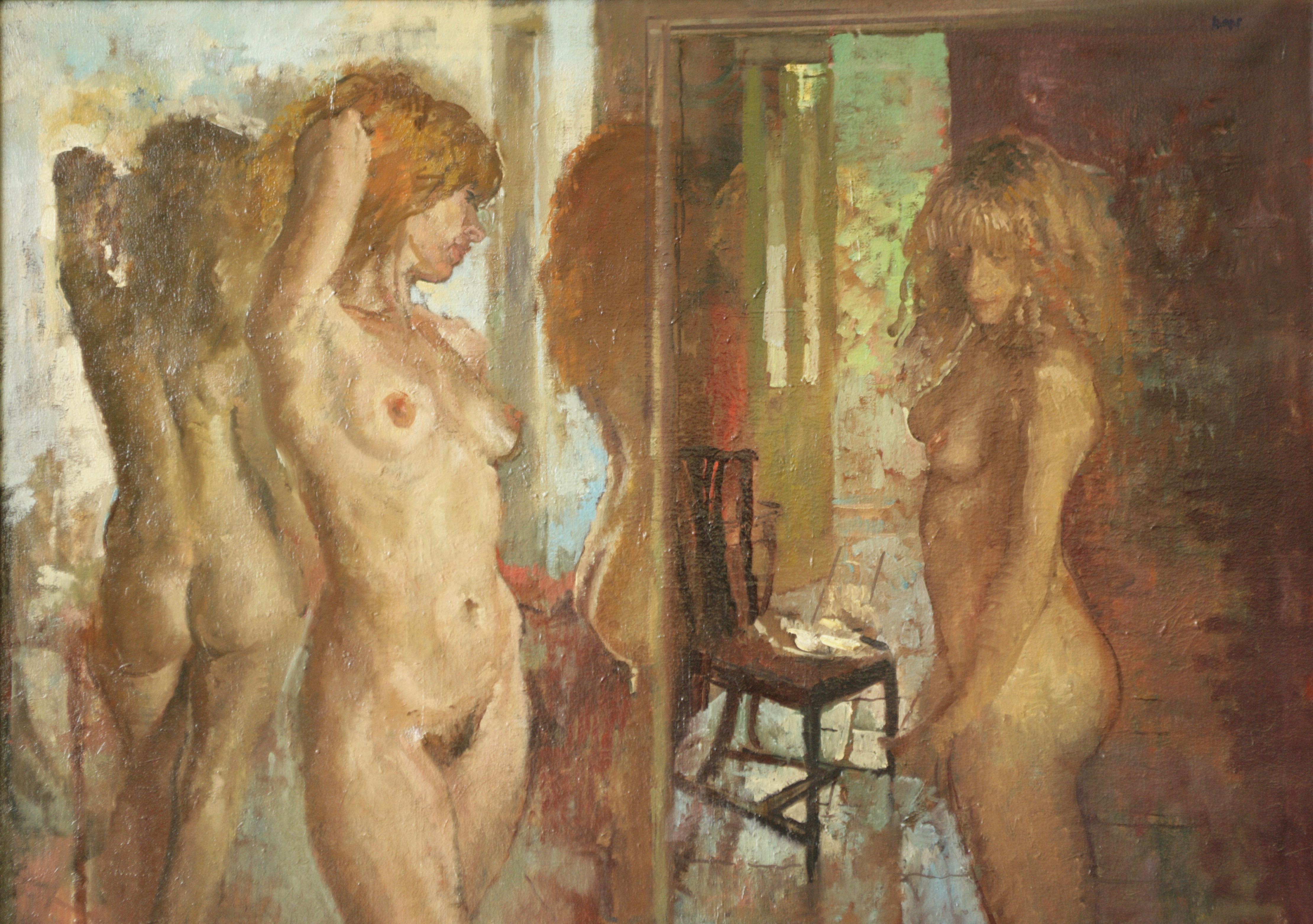 MODELS in front of the MIRROR PETER KUHFELD CONTEMPORARY BRITISH ARTIST - Painting by Peter Kuhfeld