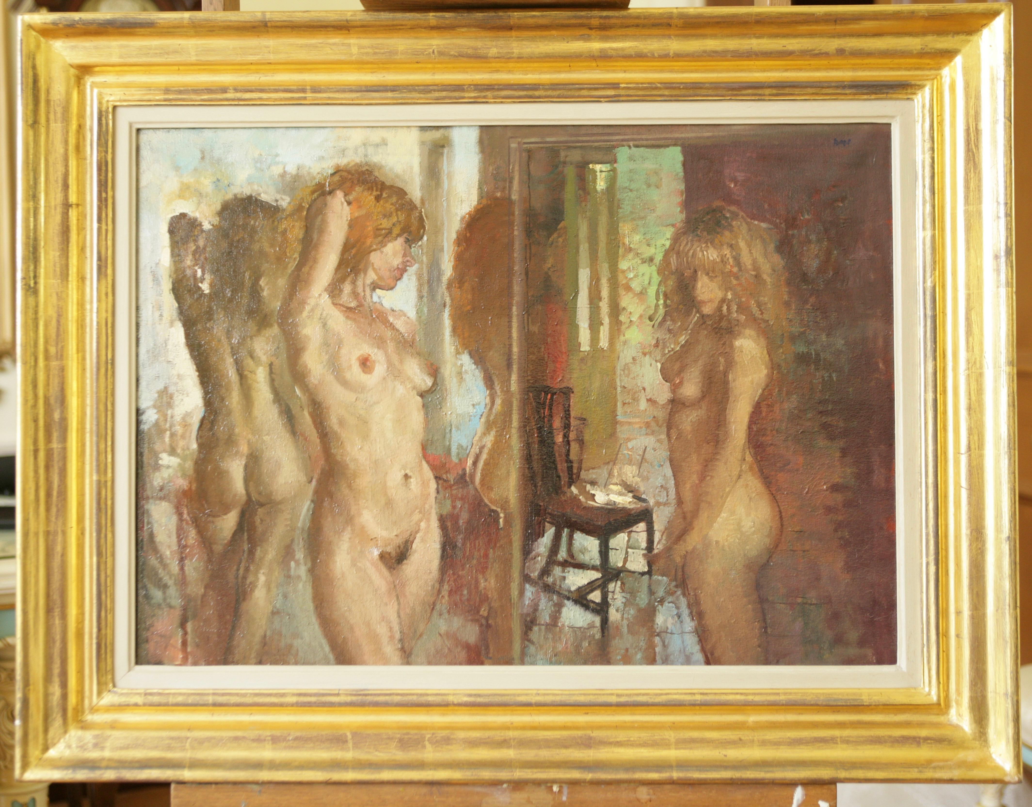 MODELS in front of the MIRROR PETER KUHFELD CONTEMPORARY BRITISH ARTIST - Impressionist Painting by Peter Kuhfeld