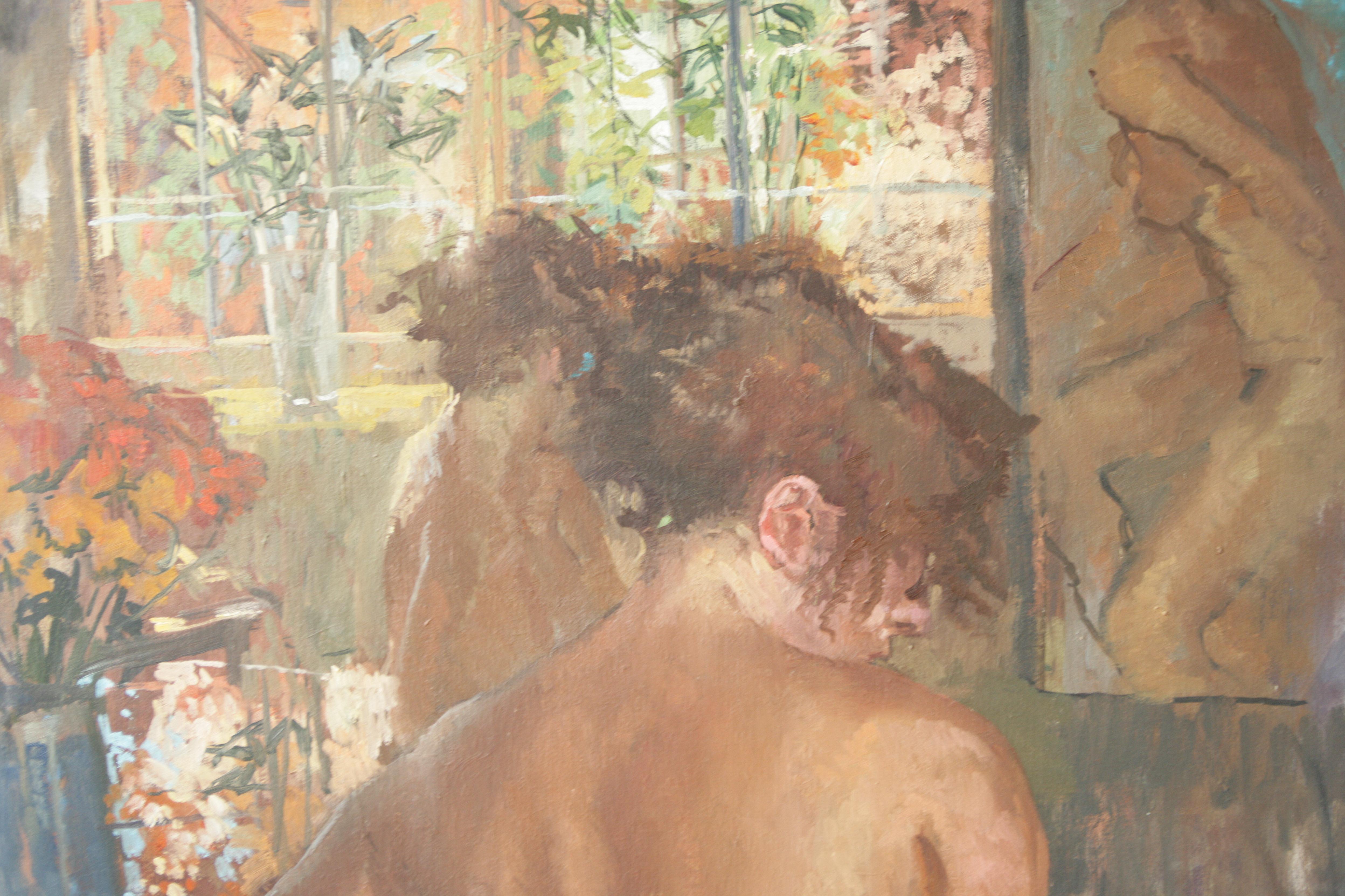 NEW MODEL in the SUMMER ROOM - Brown Nude Painting by Peter Kuhfeld