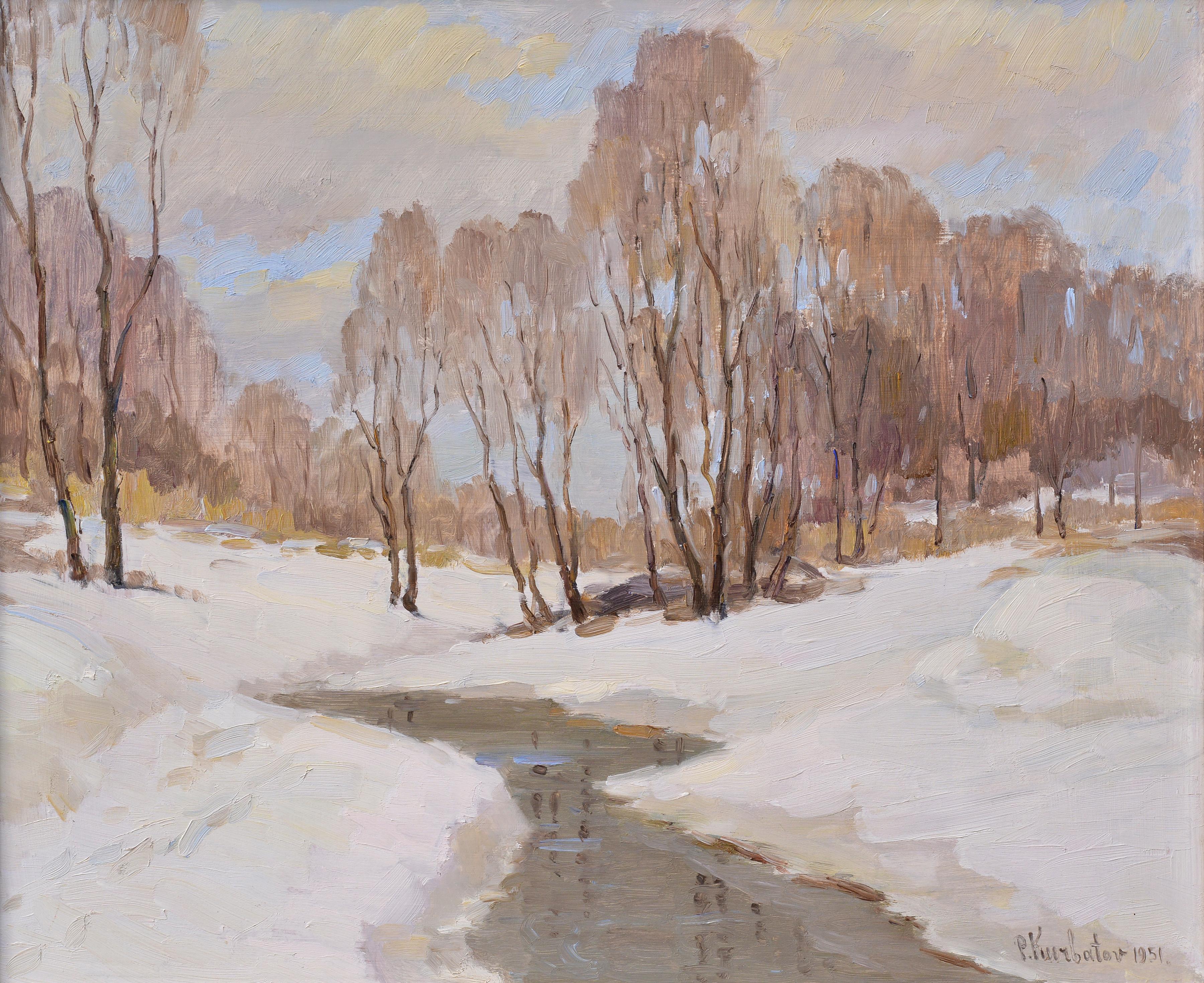 American Winter Landscape 1951 Vintage Oil Painting by Impressionist Master - Brown Landscape Painting by Peter Kurbatov