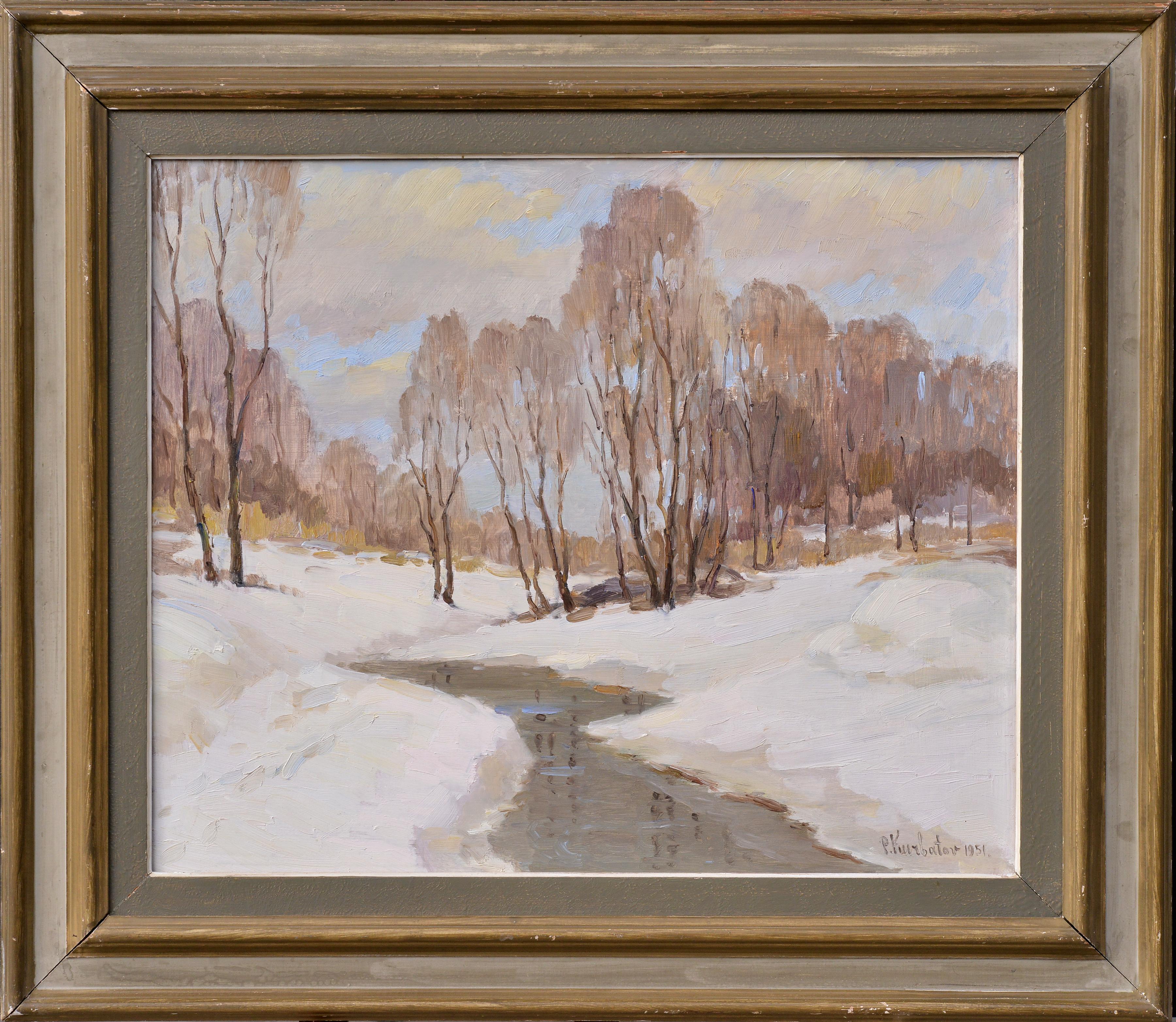 Peter Kurbatov Landscape Painting – Amerikanische Winterlandschaft, Vintage, Ölgemälde eines impressionistischen Meisters, 1951
