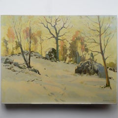 Peter Kurbatov 1946 Russian Oil Painting Winter Landscape Enigmatic Footprints