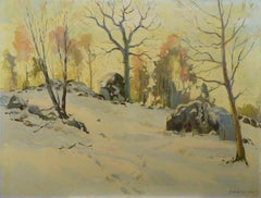 Peter Kurbatov 1946 Russian Oil Painting Winter Landscape Enigmatic Footprints