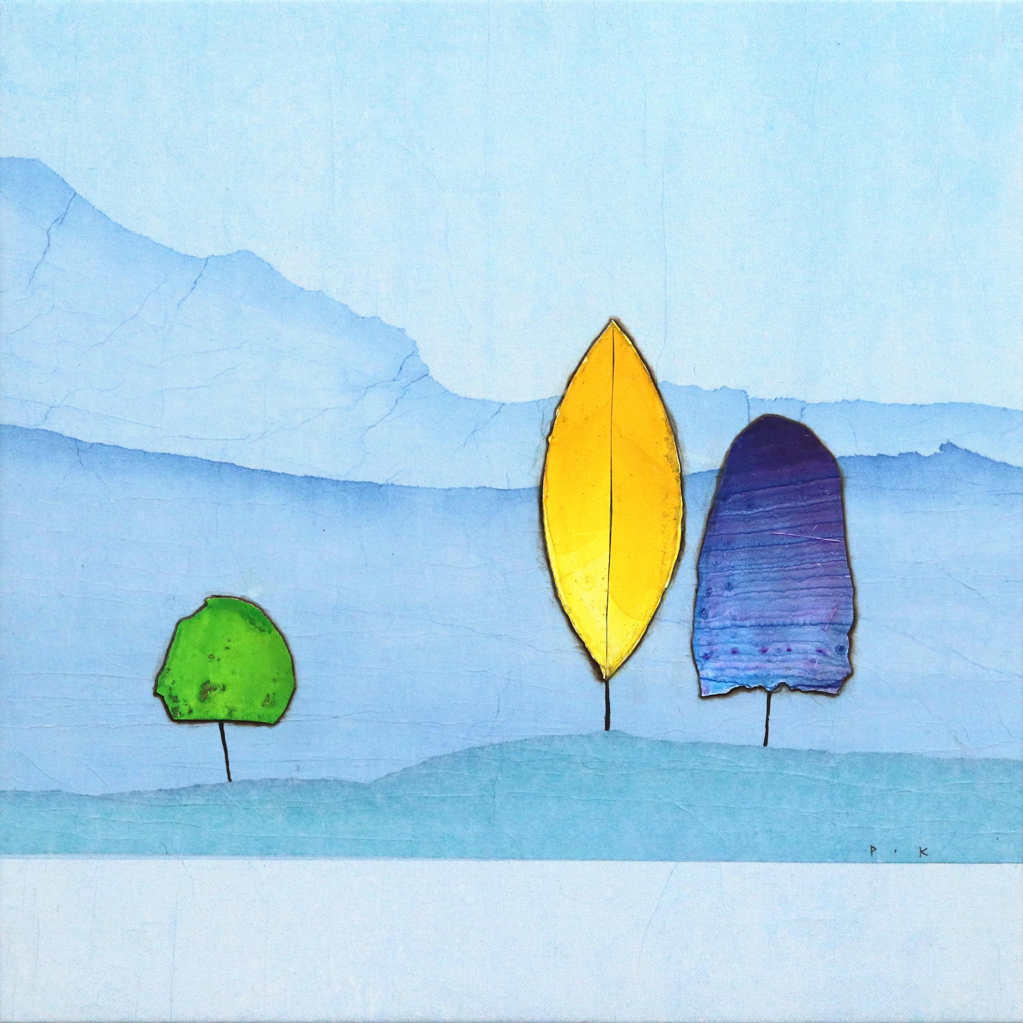 Abstract Painting de Peter Kuttner - Bosque Luminoso I - Obra de Arte Original Minimalista Paisaje Azul Montañas