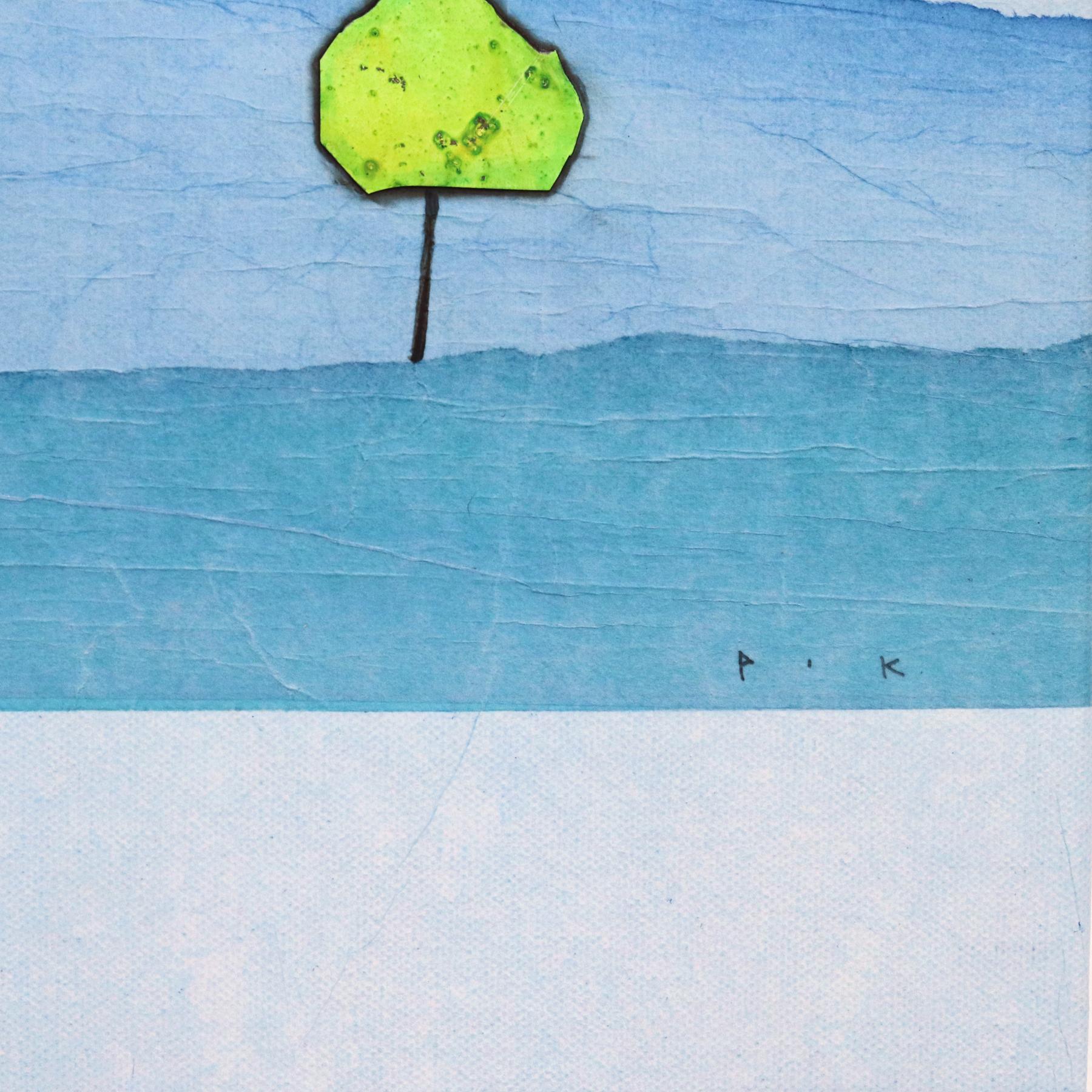 Bosque Luminoso II - Obra de Arte Original Minimalista Paisaje Azul Montañas en venta 4