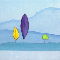 Luminous Woodland II - œuvre d'art originale minimaliste de paysage bleu des montagnes