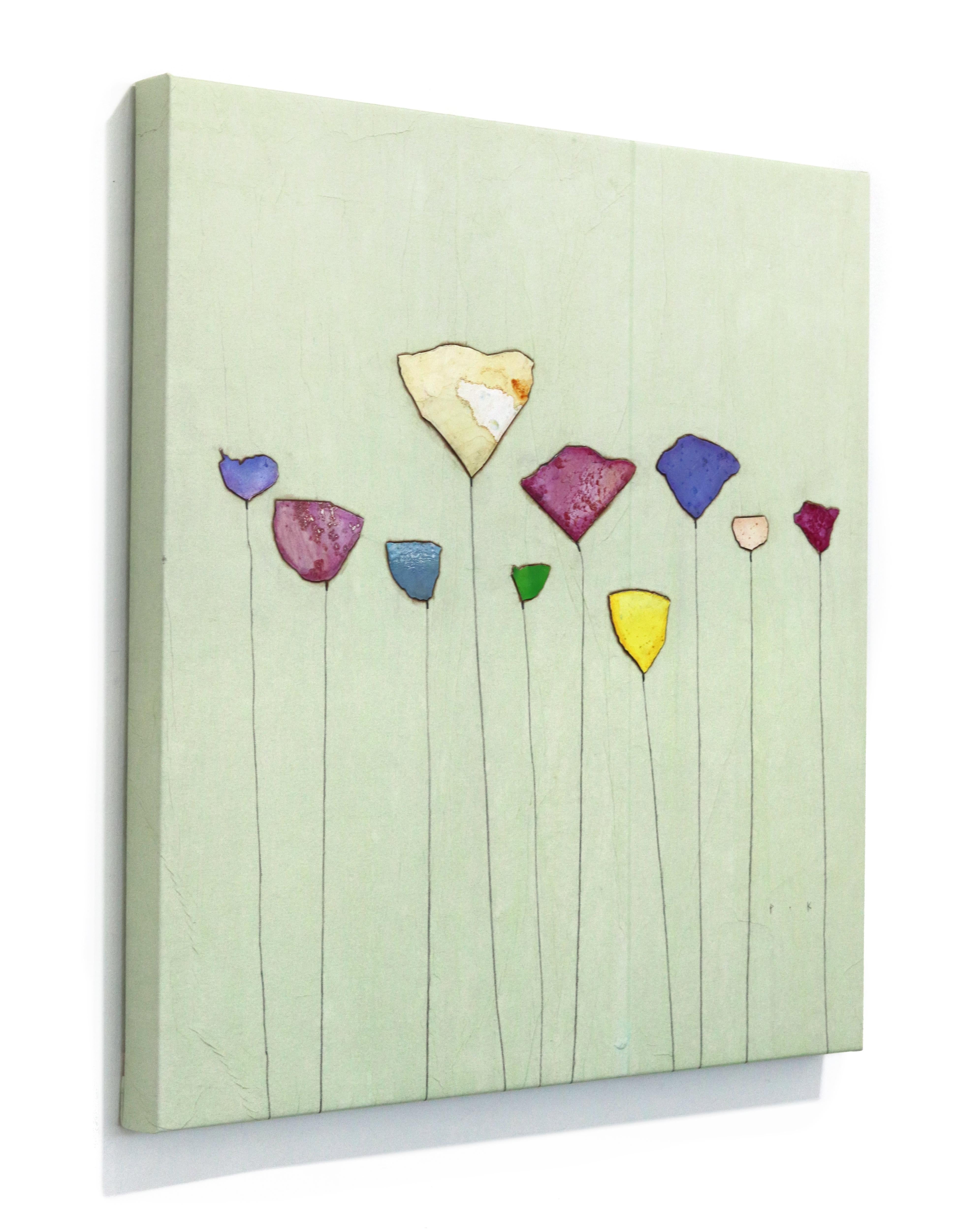 Pale Green Dream I - Original Minimalist Colorful Floral Still Life Artwork - Beige Abstract Painting by Peter Kuttner