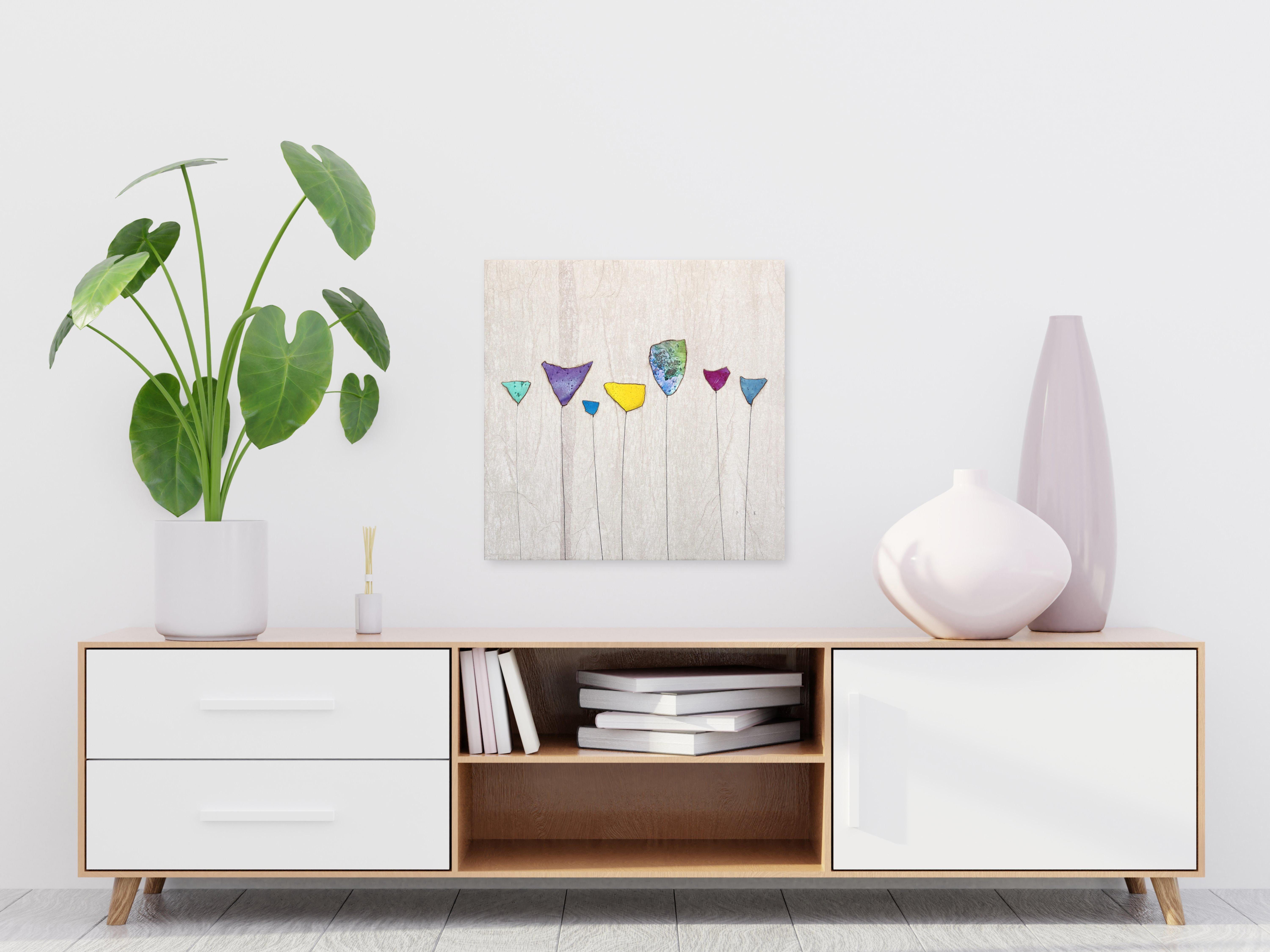 Taking Root I - Original Boho Minimalist Textural Modern Floral Artwork - Painting by Peter Kuttner