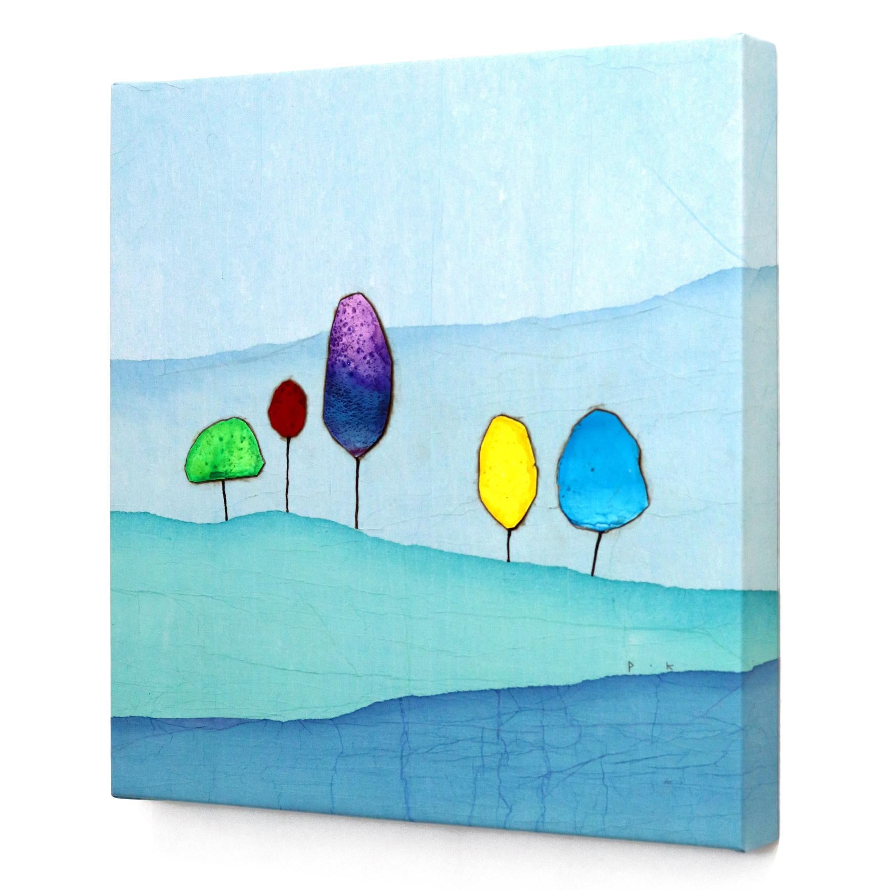 Whispering Grove I - Opera d'arte originale minimalista astratta di paesaggio blu - Abstract Painting Blu di Peter Kuttner